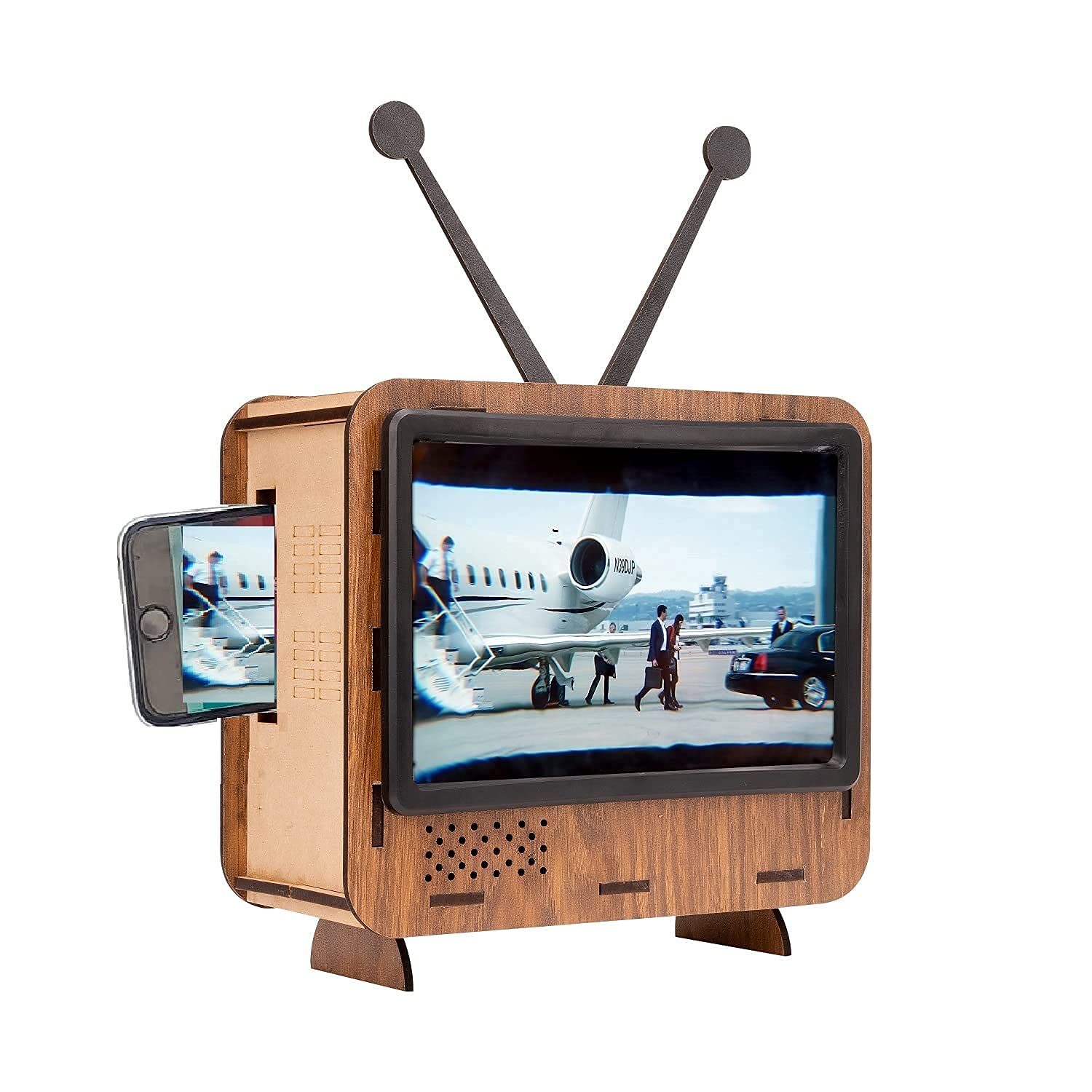 XSOURCE Wooden Retro TV Style Screen Magnifier Stand, 2.5X Magnification, Phone Screen Amplifier with Built-in Speaker Holes, 20 cm Display-image-21