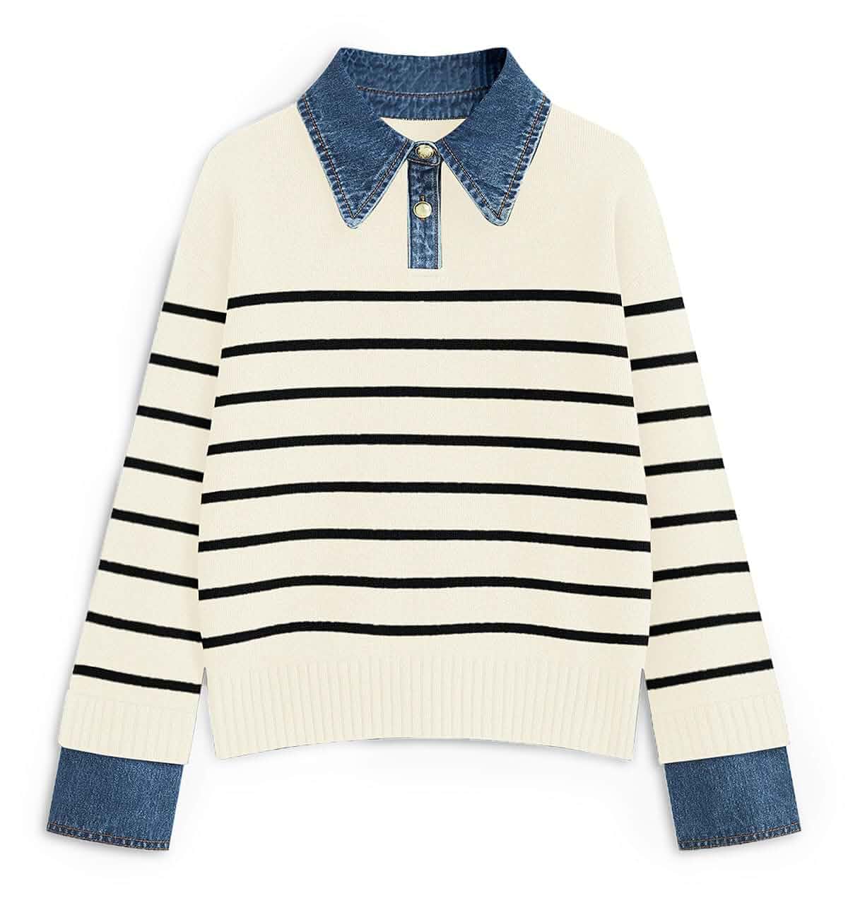 Womens Oversized Sweater Cozy Fall Denim Lapel Polo Knit Collared Sweaters Long Sleeve Button Up Closure Pullover Tops,Denim Collar Polo Sweater Tunic,Striped,Loose Office Work Sweaters for Women