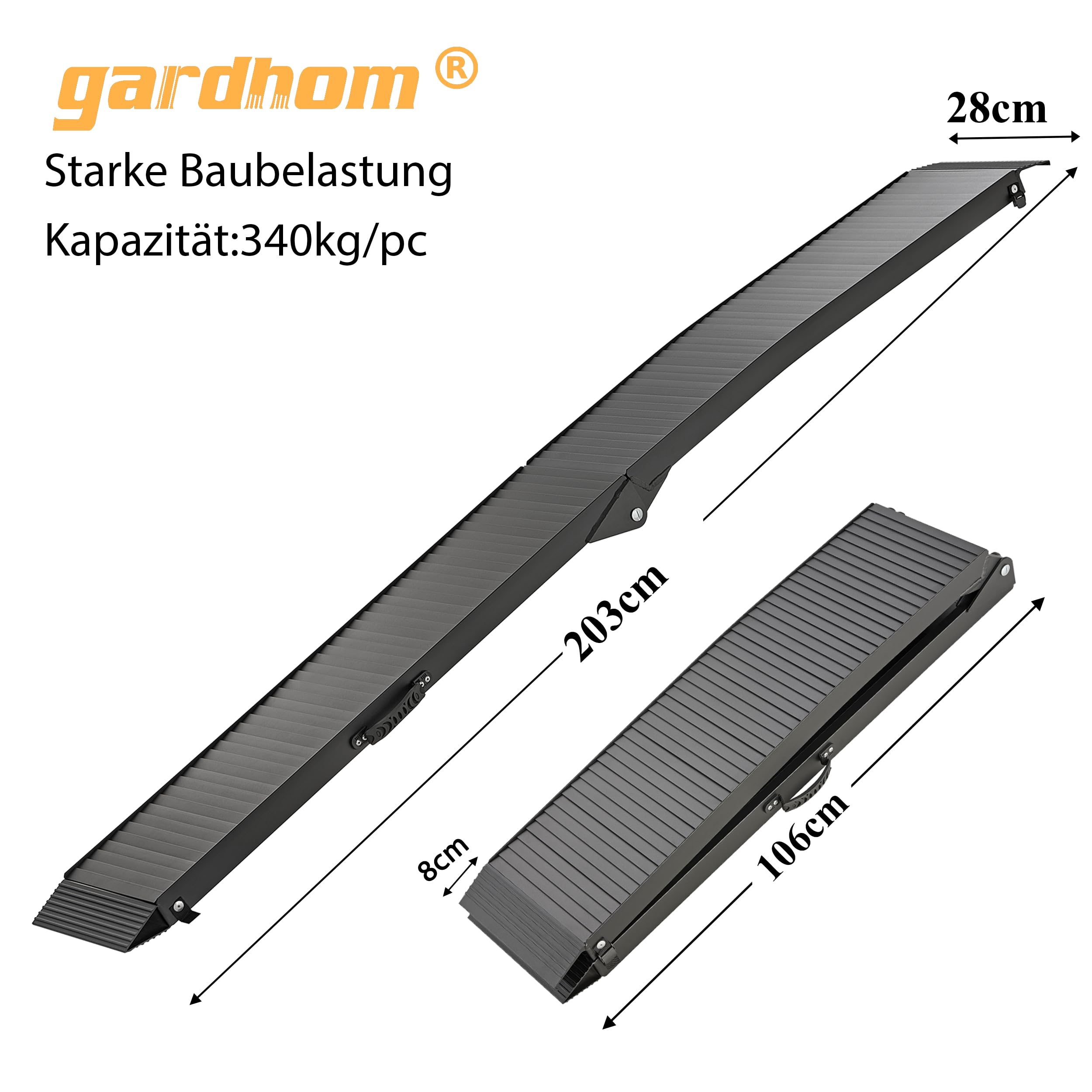 gardhom Rampe Auto Klappbar 340kg Alu Auffahrrampe PKW Stabil Laderampe für Anhänger Auffahrrampe Motorrad Fahrradrampe 203x28x4.5cm