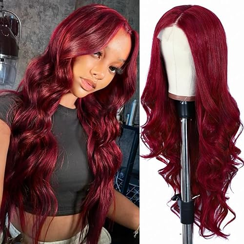 SAPPHIREWIGS Red Body Wave Wigs 13x4 Synthetic Lace Front Wigs for Women 99j Burgundy Red Long Body Wavy Glueless Pre-plucked Wigs for Daily Party Use 26 Inch