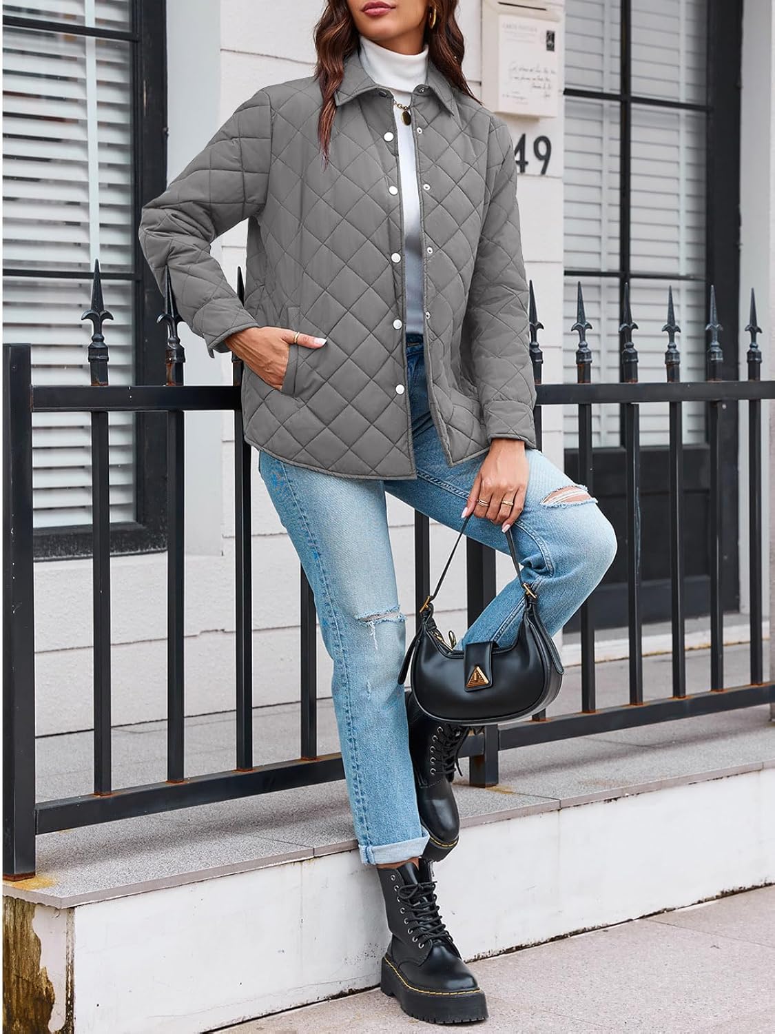 Grlasen Womens Lightweight Quilted Jacket Fall Button Down Puffer Jackets Loose Fit Stand Collar Warm Coats Outerwear - Image 3