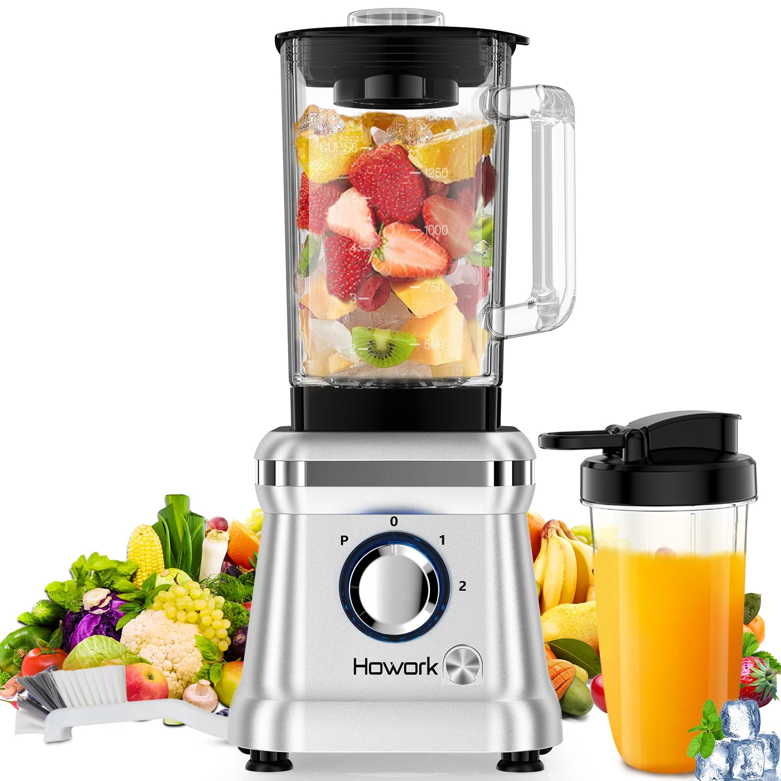 Blender 1200W 1,6L Verre – 6 Lames Inox + Tasse 400 Ml – Mixeur Smoothie Puissant Argent