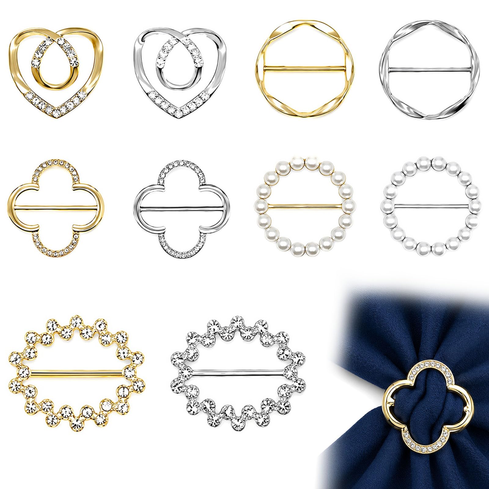 Vcuwni 10 Pcs Scarf Ring Clip Set for Women, Fashion Metal Circle Buckles, T Shirt Clips and Ties, Versatile Sarong Buckle and Clothing Wrap Holders for Dresses, Hats and Belts