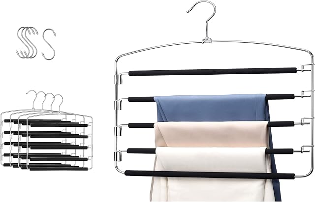 Hangerman Trousers Hangers Space Saver 4 Pack and 4 S Hooks, Space Saving Multi Bar Metal Pants Hangers, Stable with Non-Slip Padding, Perfect for hang your jeans, pants, ties, scarf, belt, etc