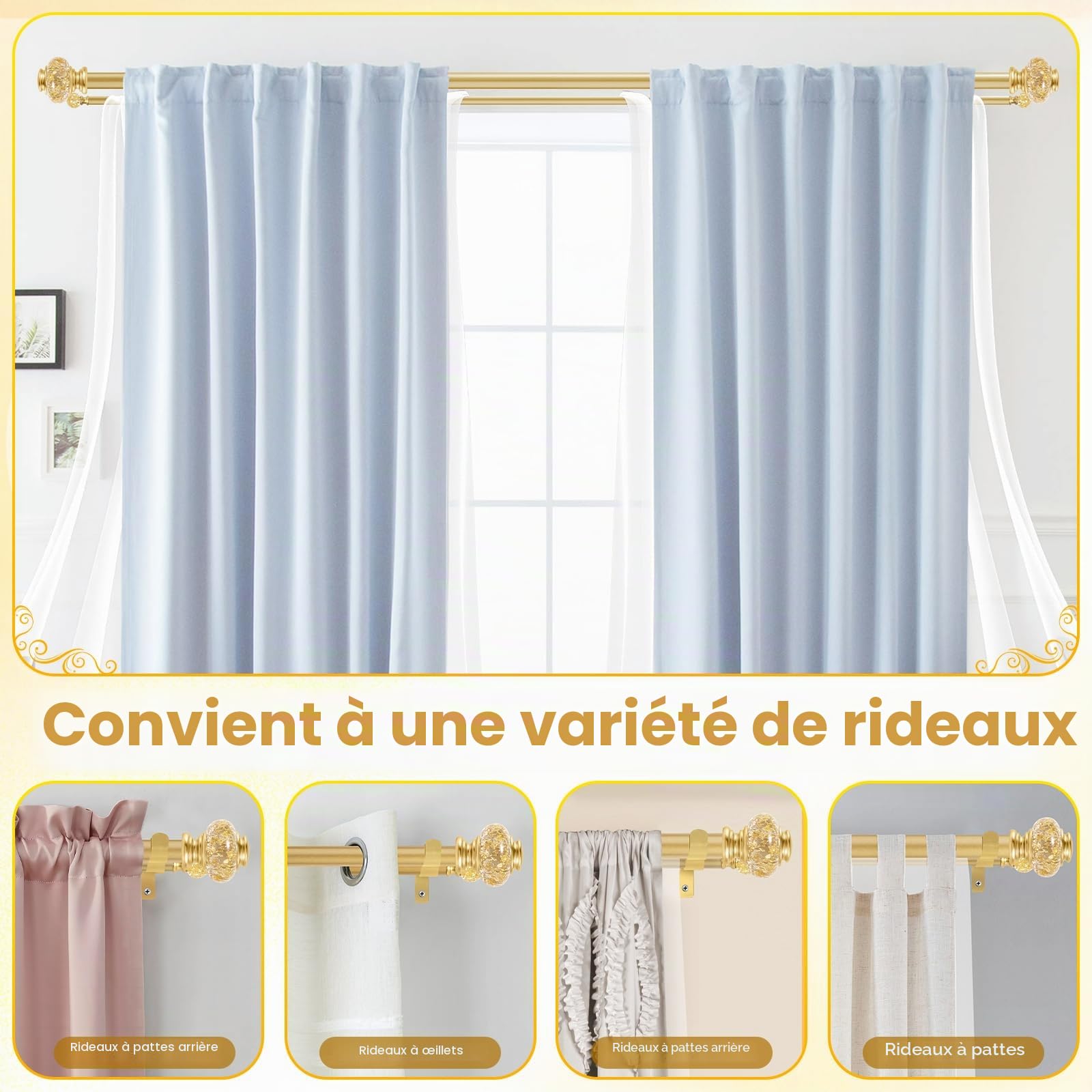 Kit de tringle à rideau double BHSRODS - Longueur réglable (213-305 cm) - Finition dorée avec embouts transparents, supports et crochets