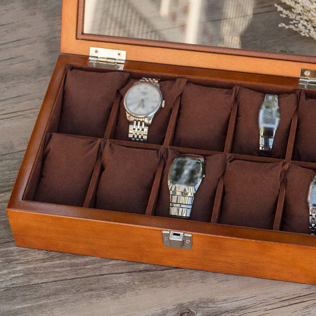 MUSUMI Caja de reloj de Madera Vitrina de almacenamiento de joyas Bandeja de pulsera con 10 almohadas de almacenamiento extraíbles, organizador de gemelos con cierre de Metal y vidrio Superior