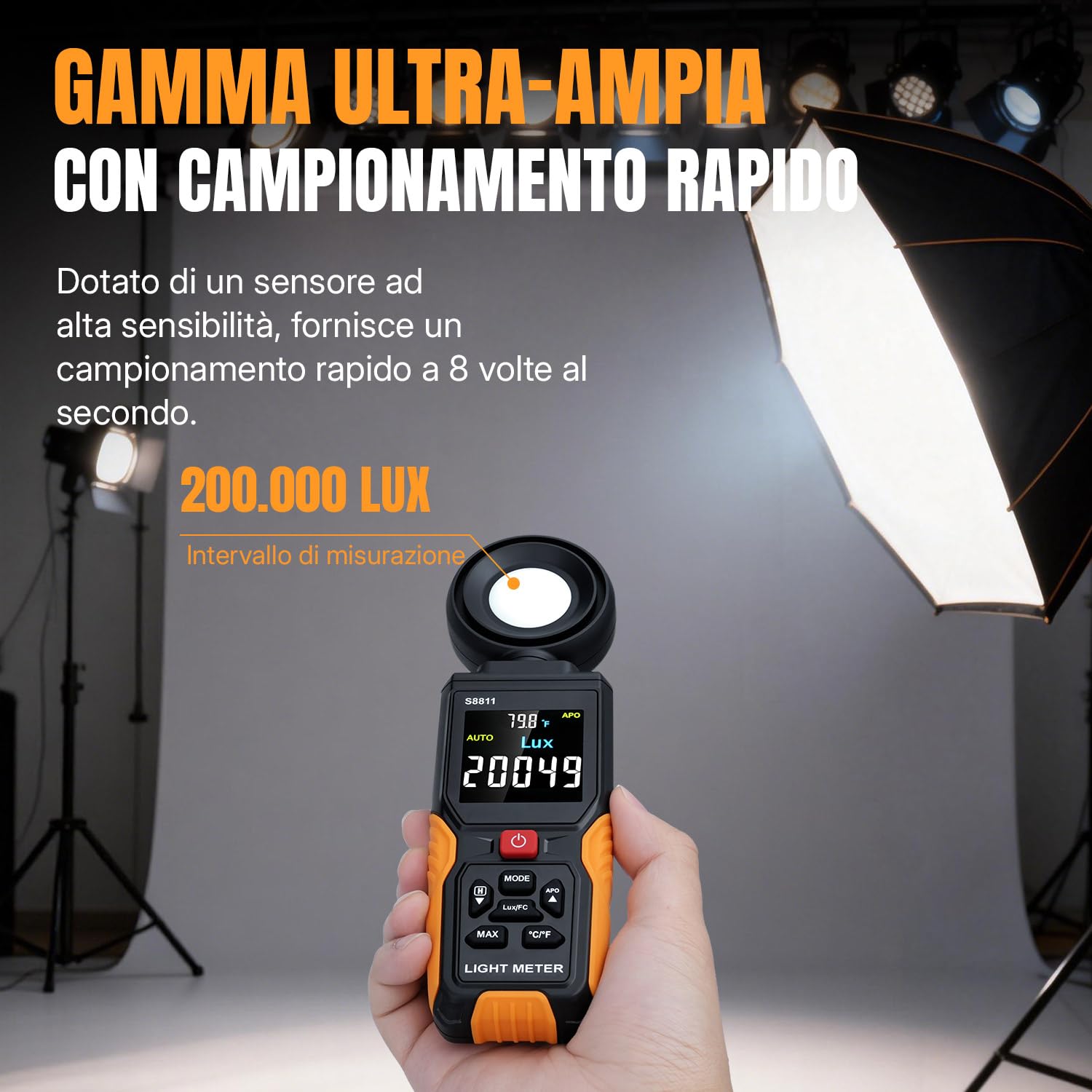 Mcbazel Misuratore di Luce Digitale, Lux/FC 200.000 Misuratore di Illuminazione ad Alta Precisione con Sensore Ruotabile a 270° e Display a Colori HD con Temperatura Ambiente per Piante, Fotografia