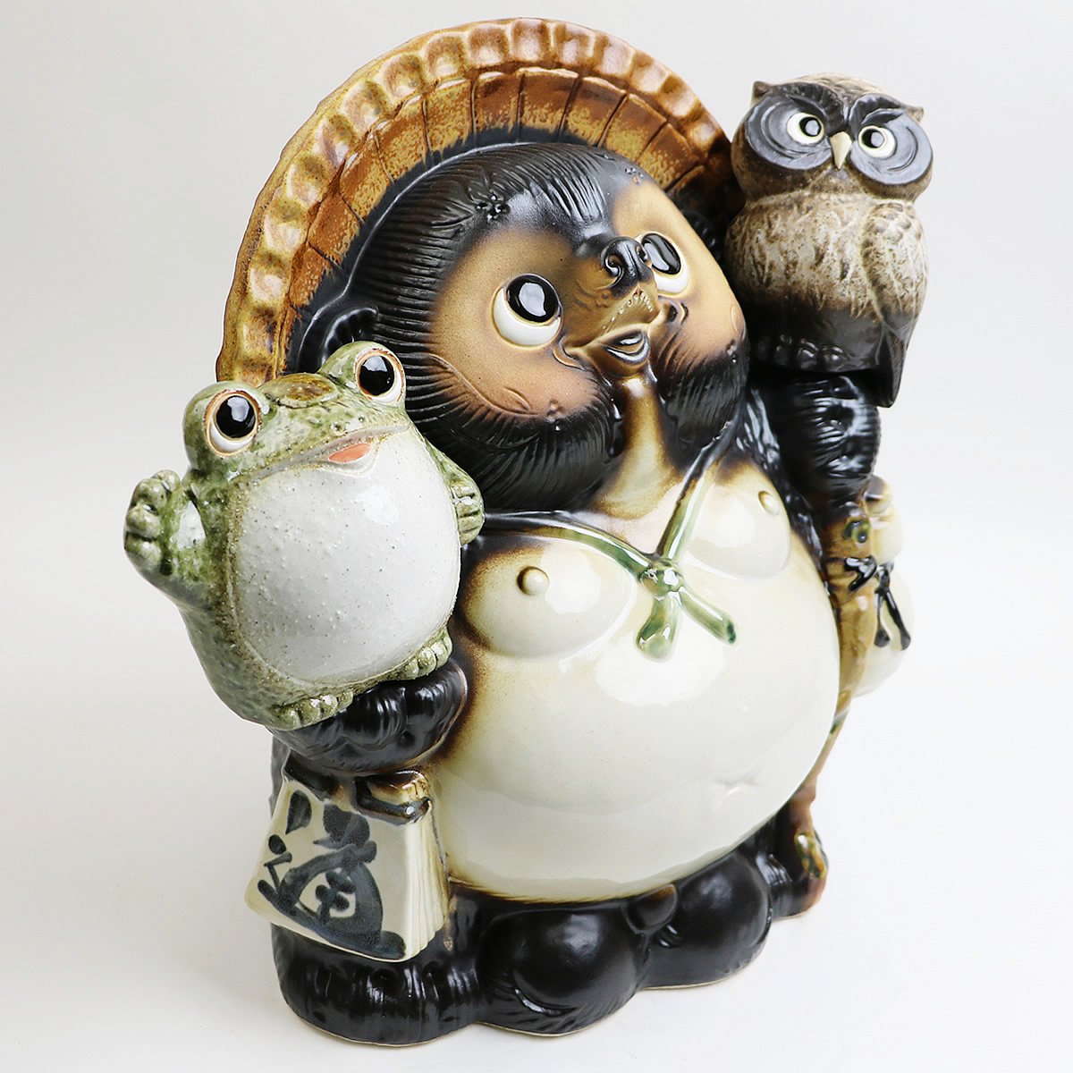 信楽焼　13号ふくろう蛙付き狸　たぬき　タヌキ　狸　41㌢ 信楽焼 13号黄ふくろう蛙持ち狸 たぬき タヌキ 開運 縁起物