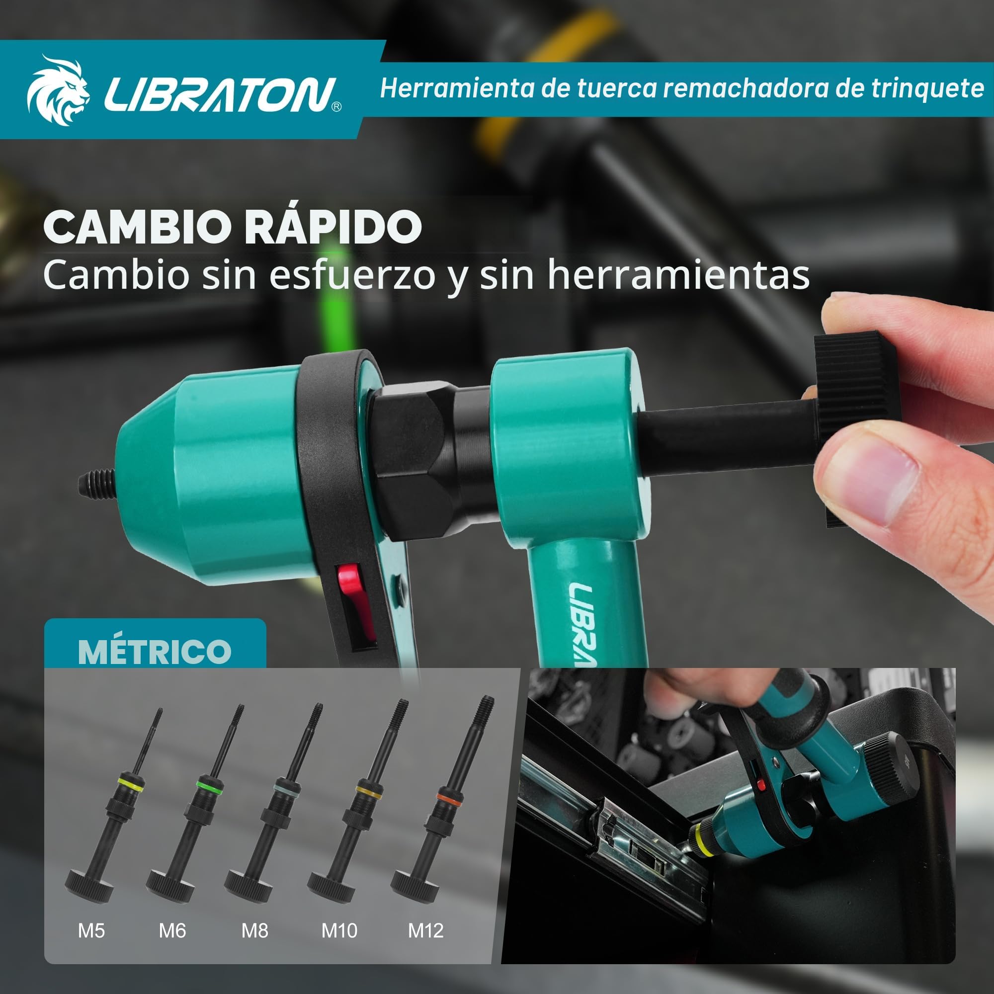 LIBRATON Remachadora de Tuercas, Remachadora de Tuercas Profesional con Trinquete, Pistola de Remachadora Manual con 5 Mandriles Métricos, 5 Boquilla de Tuerca, 50 Piezas Tuercas Remachables, Caja