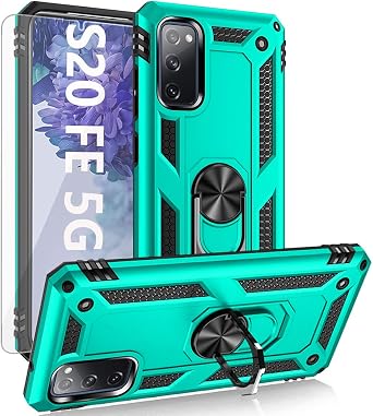 for Galaxy S20 FE case,with HD Screen Protector,[Military Grade] Car Mount Kickstand Hybrid Hard PC Soft TPU Shockproof Protective Case for Samsung Galaxy S20 FE 5G Teal