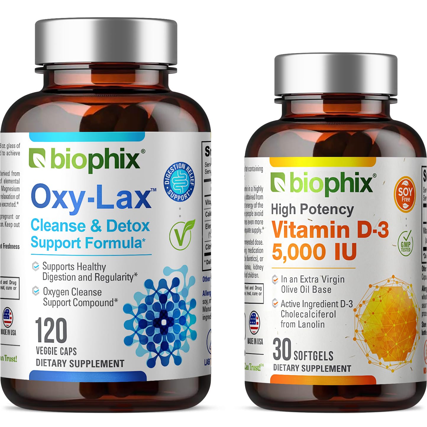 biophix Oxy-Lax 750 mg 120 Vcaps - Free Vitamin D-3 5000 IU 30 Softgels - Natural Magnesium Oxide Oxygen Based Colon Cleanse Gentle Laxative Supports Healthy Digestive Tract Regularity
