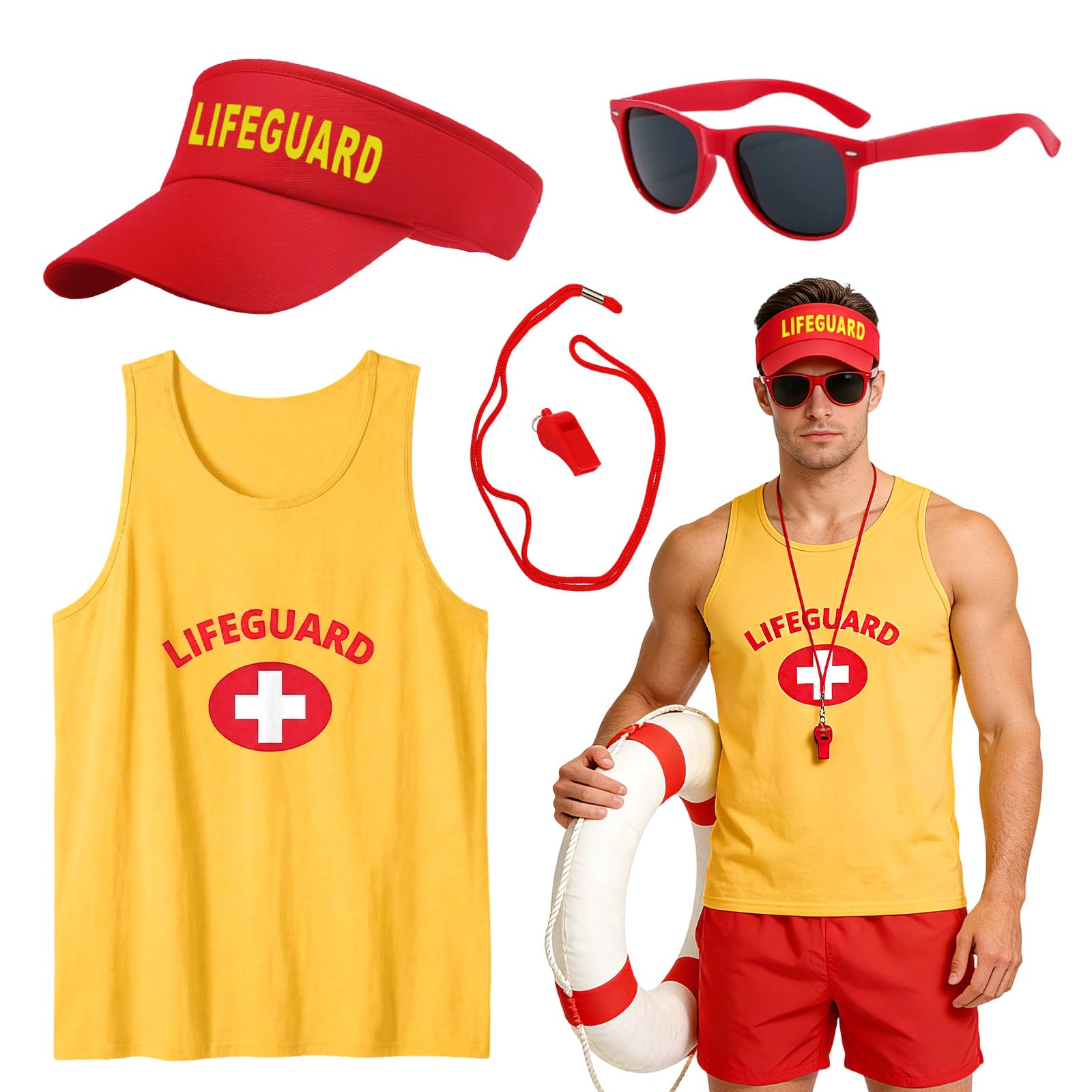 UxClishe 4 Pcs Lifeguard Costume Set, Life Guard Baywatch Fancy Dress Outfit with Vest Hat Sunglasses Whistle for Adults Pool Party Beach Guard Accessories Kit Festival Halloween Cosplay