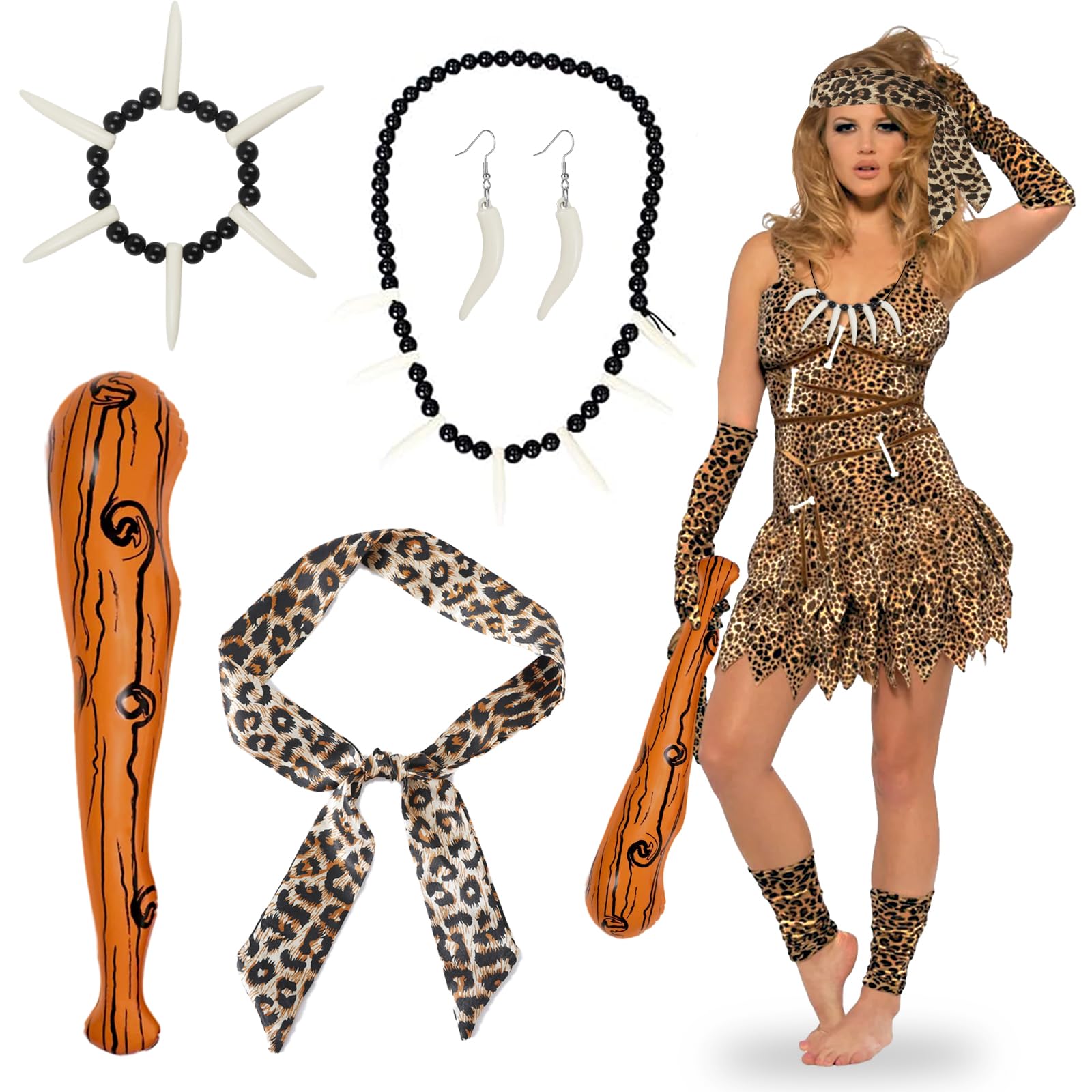 Wild Caveman Costumes for Women, 6Pcs Cavewoman Fancy Dress with Inflatable Club Ivory Necklace Bracelet Earrings Leopard Headband Mace Cave Accessories for School Stone Age Day Book Week Halloween