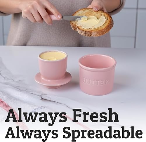 Vista 4 de PriorityChef Butter Crock with Lid with Water Line, Ceramic French Butter Dish to Leave On Counter, Pink Rosa,Negro -,Verde cool,Azul