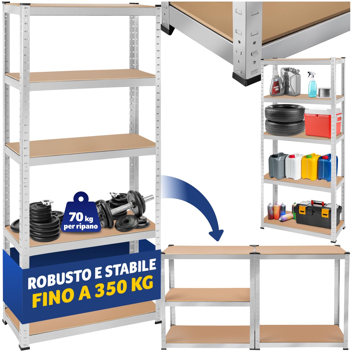 tectake® Scaffalatura Metallo Garage, Scaffale Attrezzi da Lavoro, Scaffalatura Libreria in Lamiera d'Acciaio, Scaffali Modulabili, 70 kg di Carico per Piano - Capacità Portante 350 kg
