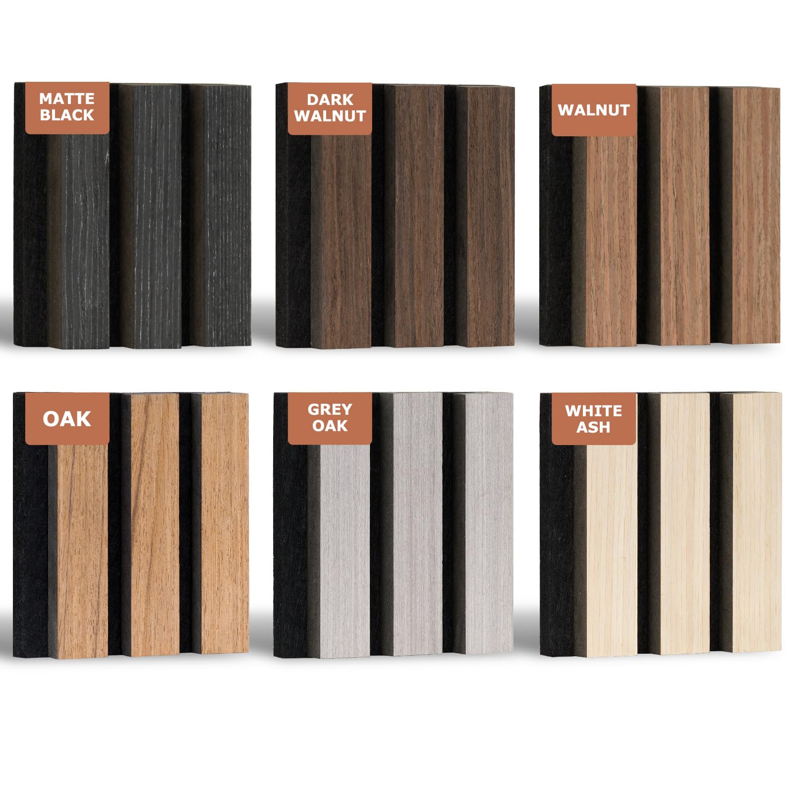 DOLLAR BOSS 6-Pack Acoustic Wood Panel Samples – 6 Colors, 4.7" x 4.7" Soundproof Slat Wall Panel Kit for Wall & Ceiling Decor, Noise Reduction, Fluted Design, Ideal for Home, Office, Studio & More