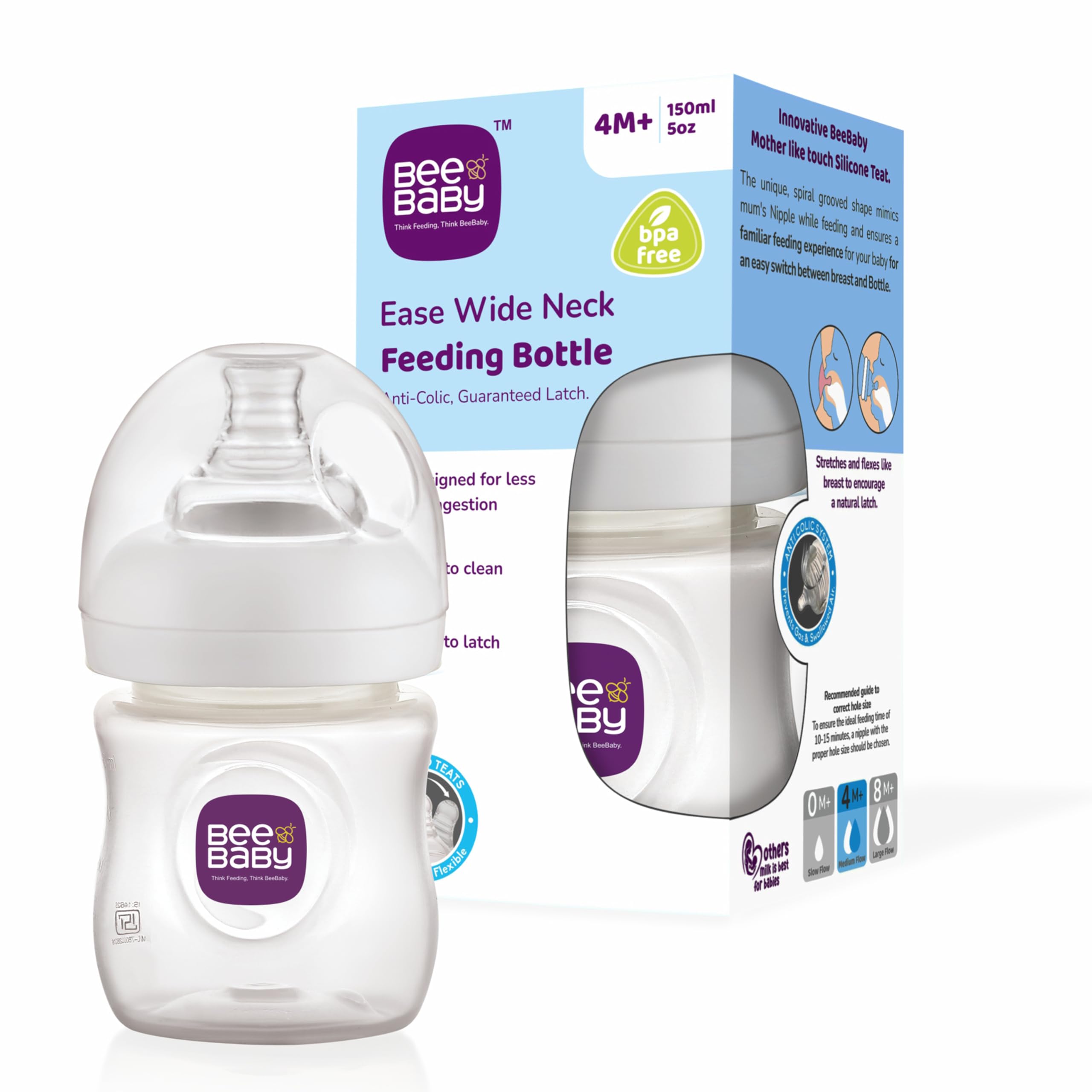 BeeBaby Ease Wide Neck Baby Feeding Bottle with Anti-Colic Soft Silicone Nipple. 100% BPA Free (White, 150 ml)-image-17