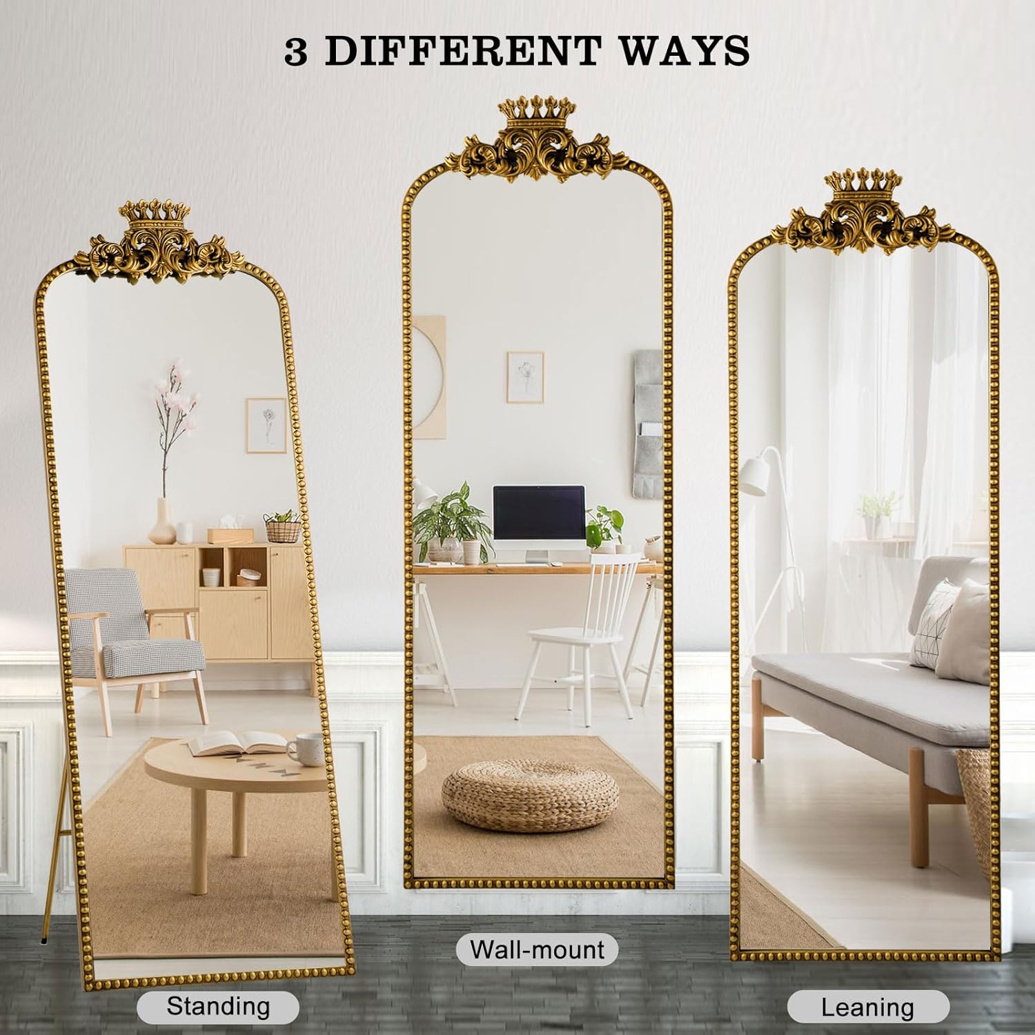 Gold Arched Full Length Mirror Floor Stand Decorative Wall Mounted Vintage Body Size 22"×65" Large Traditional Baroque with Crown Style Antique Ornate Farmhouse Home Decor