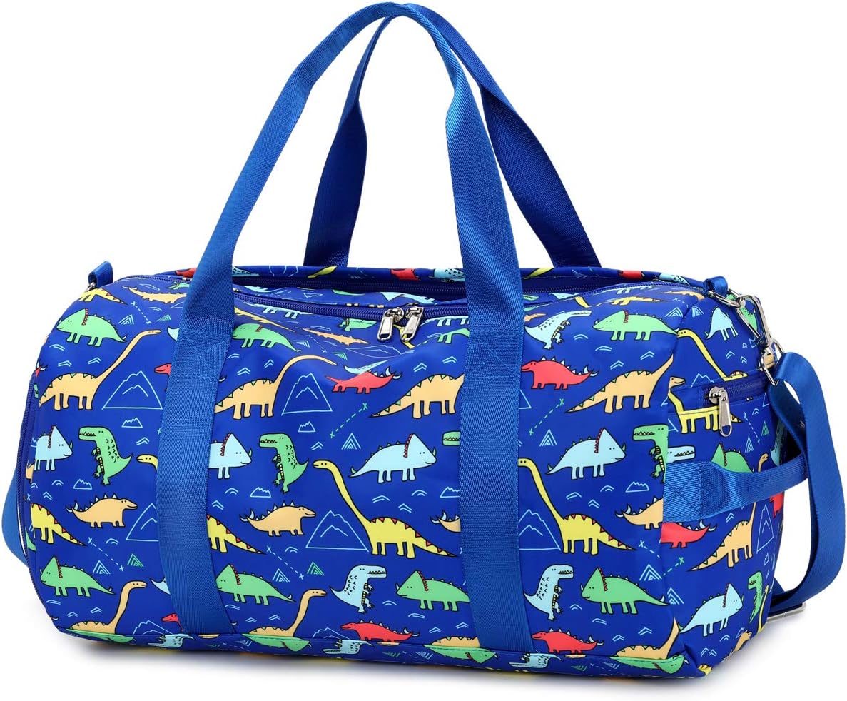 Kids Duffel Overnight Bag Boys Girls Toddler Weekender Carry-On Personalized Tote for Travel Gym Sport (Dinosaur-Dark Blue)
