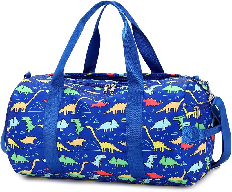 Kids Duffel Overnight Bag Boys Girls Toddler Weekender Carry-On Personalized Tote for Travel Gym Sport (A-Blue Dinosaur)