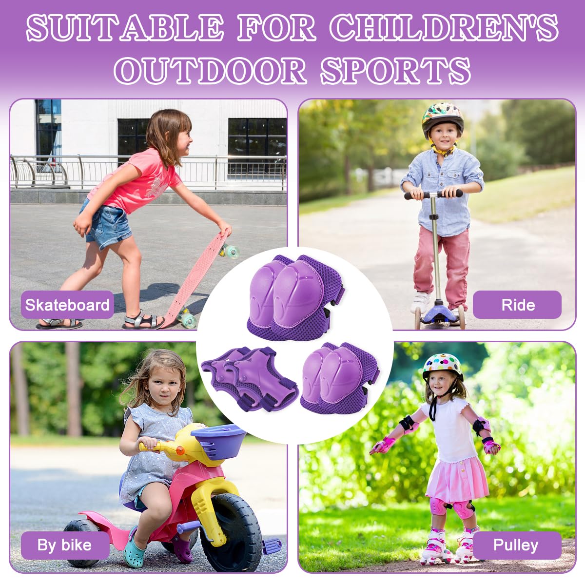 Protezioni Skateboard Bambini,Set di Protezioni Skateboard Bambini,Protezioni Skateboard Bambino,6-in 1 per Skateboarding,Pattinaggio Ruota Della Barca,Biciclette,Pattinaggio,Ciclismo(Viola)
