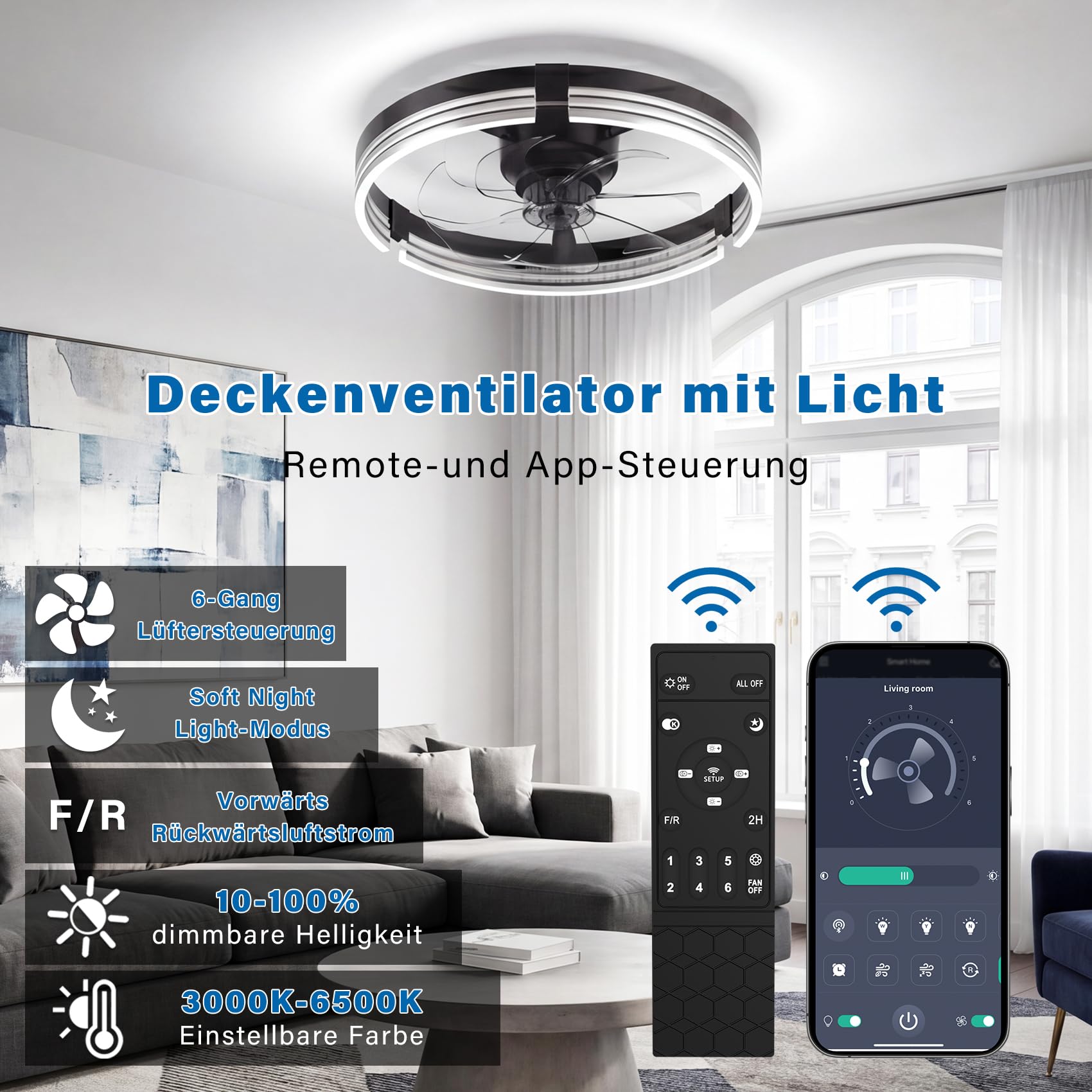 Moderner LED Deckenventilator mit Beleuchtung und Fernbedienung, 50cm, 6 Geschwindigkeiten dimmbar 3000-6500K, leise, Schwarz