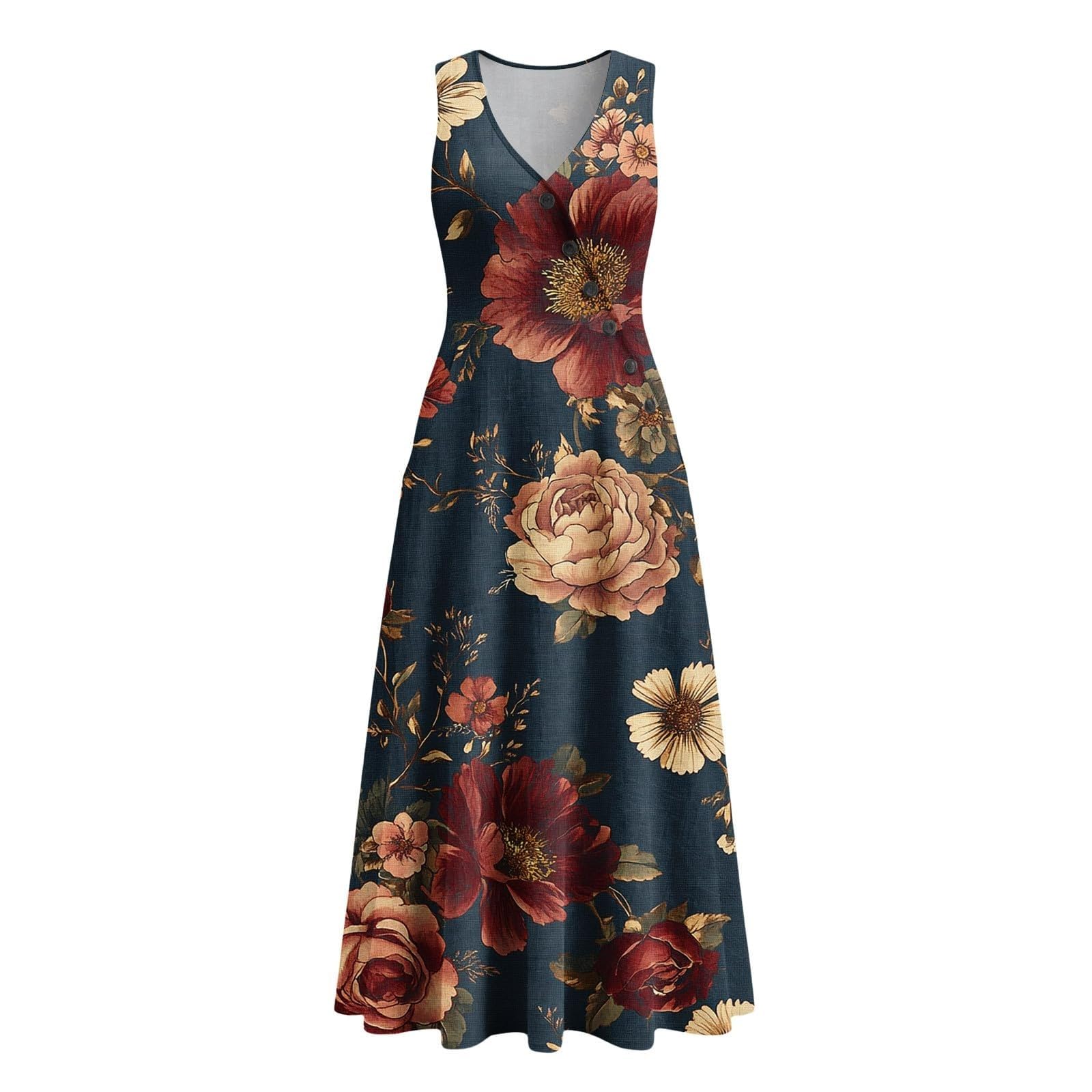Generico Vestito Floreale Donna Estivo Senza Maniche in Misto Lino Vestiti Mare Boho da Spiaggia Abito Elegante Lungo con Scollo a V e Bottoni Abiti Casual Curvy Leggero per Vacanze Viaggio Uscite,