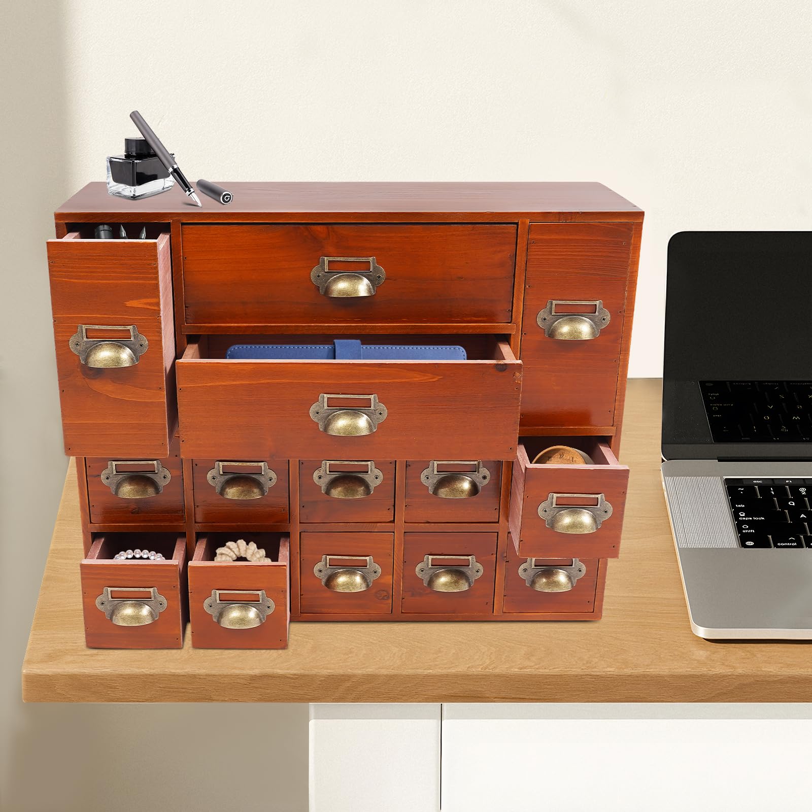 Schubladenschrank, Schreibtisch Organizer mit 14 Schubladen, Schubladenbox aus Holz, Mini Kommode für Büro Küchen Wohnzimmer und Schlafzimmer