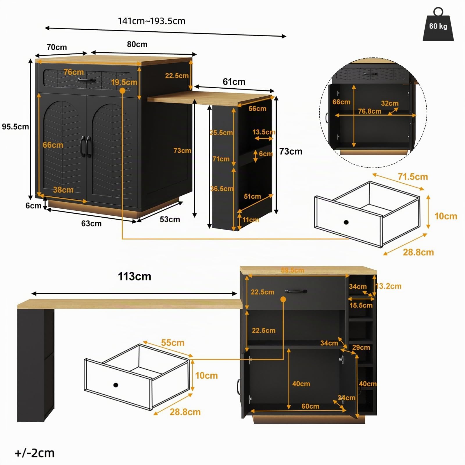 YEHTOKHOME Isla Central Cocina con encimera extensible 140-193 cm, mesa de bar con almacenamiento, 2 cajones y 4 puertas, armario de vino, iluminación LED, para 4-6 personas, comedor (negro)
