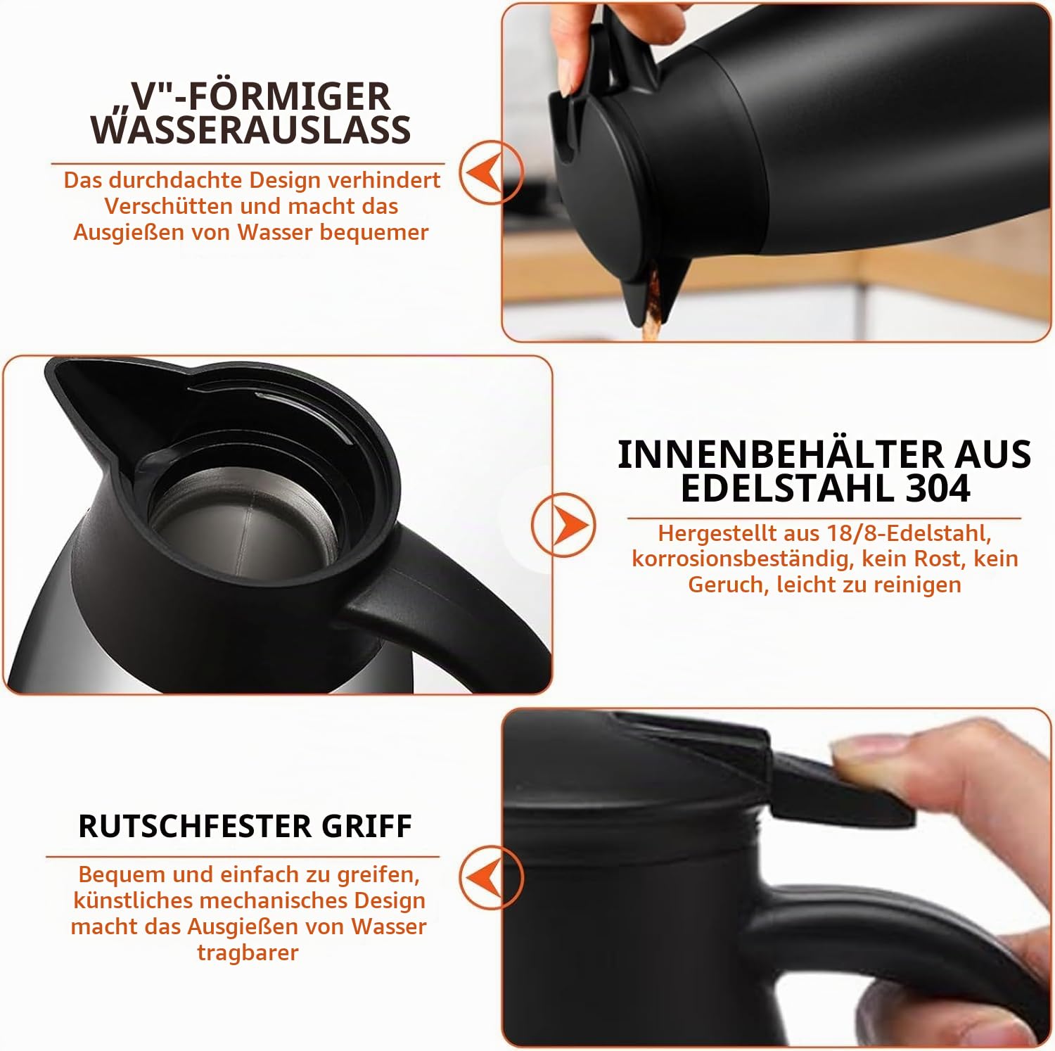 2 Stück Thermokanne Isolerkanne 2 Liter, 304 Edelstahl Isolierte Isolierkanne, 24 Stunden Wärmedämmung, für Kaffee, Tee, Wasser, Getränk, Warmhaltekanne (Silber, Schwarz)