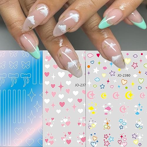 Miniatura 4 de 6 hojas de calcomanías de uñas de nubes coloridas, estrellas, luna amarilla, corazón, rosa, blanco, suministros de uñas, suministros de uñas