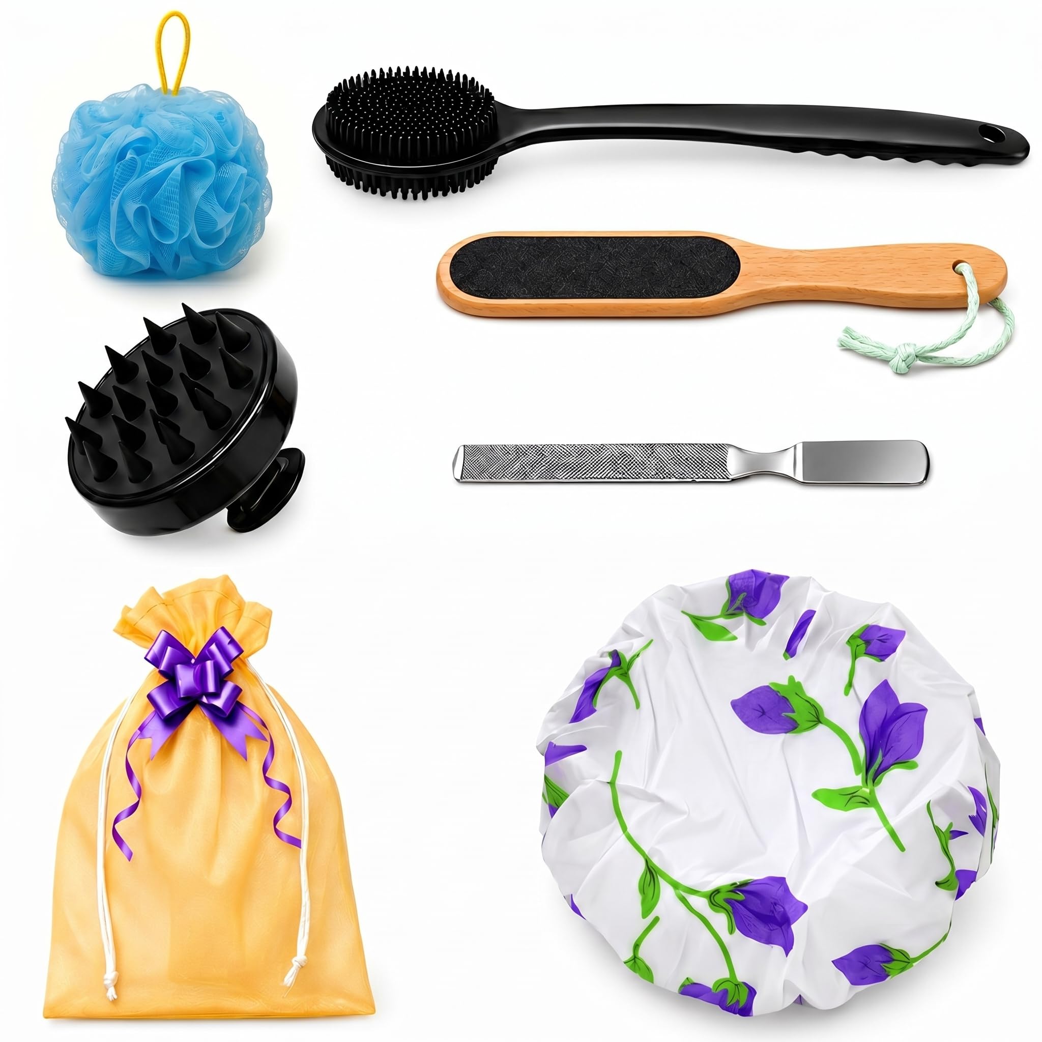 5-in-1 Bathing Kit for Women | Bath Accessories Set with Silicone Body Scrubber for Bathing Long Handle, Bath Shower Sponge Sky Blue Loofah, Wooden Foot File Scrubber, Scalp Massager & Stainless Steel Nail Filer | Self Care & Spa Gift Set with Drawstring Pouch-image-34