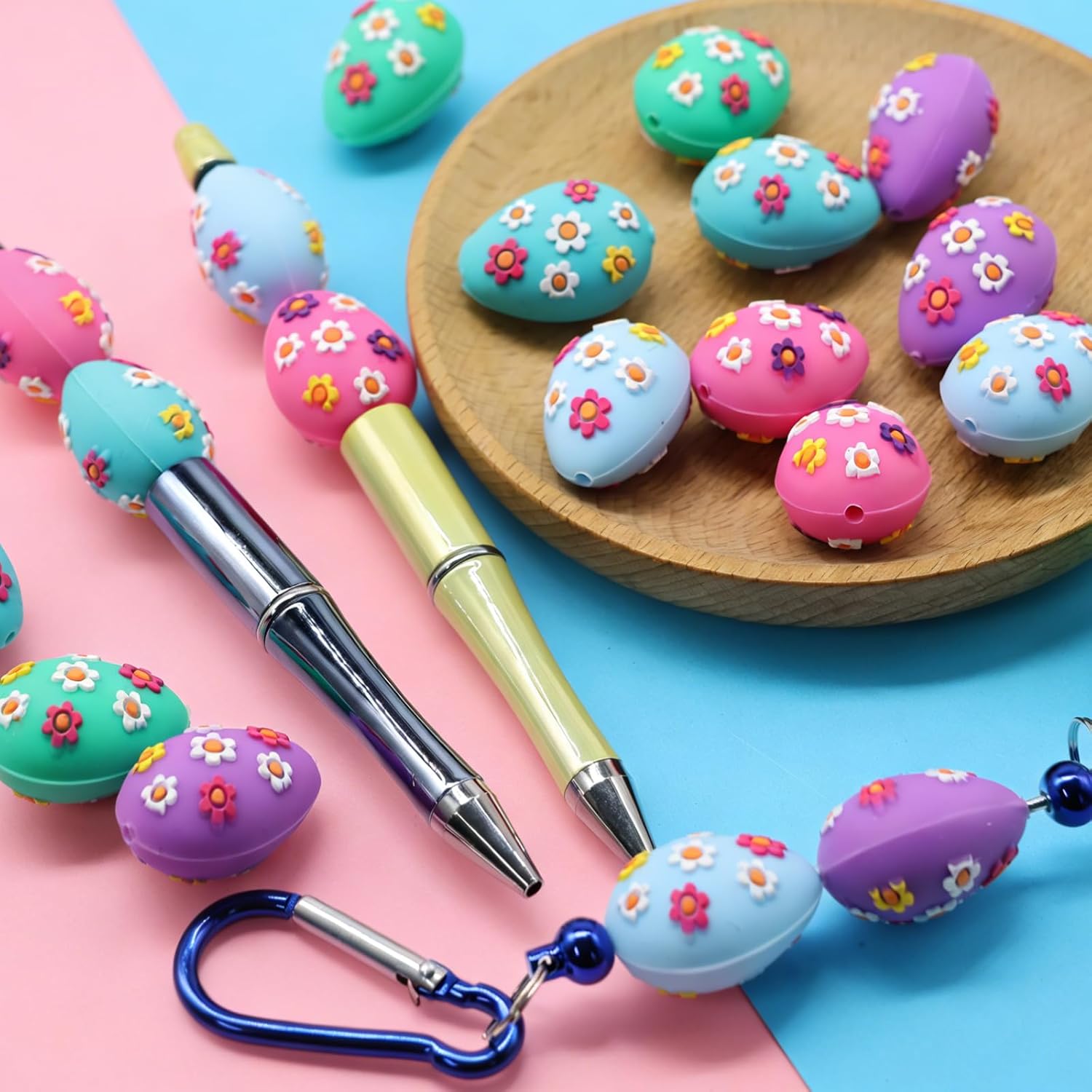 Decoendiy 20Pcs Easter Silicone Focal Beads for Pen,3D Egg Shaped Silicone Round Rubber Spacer Beads with Daisy Bulk for Keychain Making Bracelet Necklace Handmade Crafts - Image 6