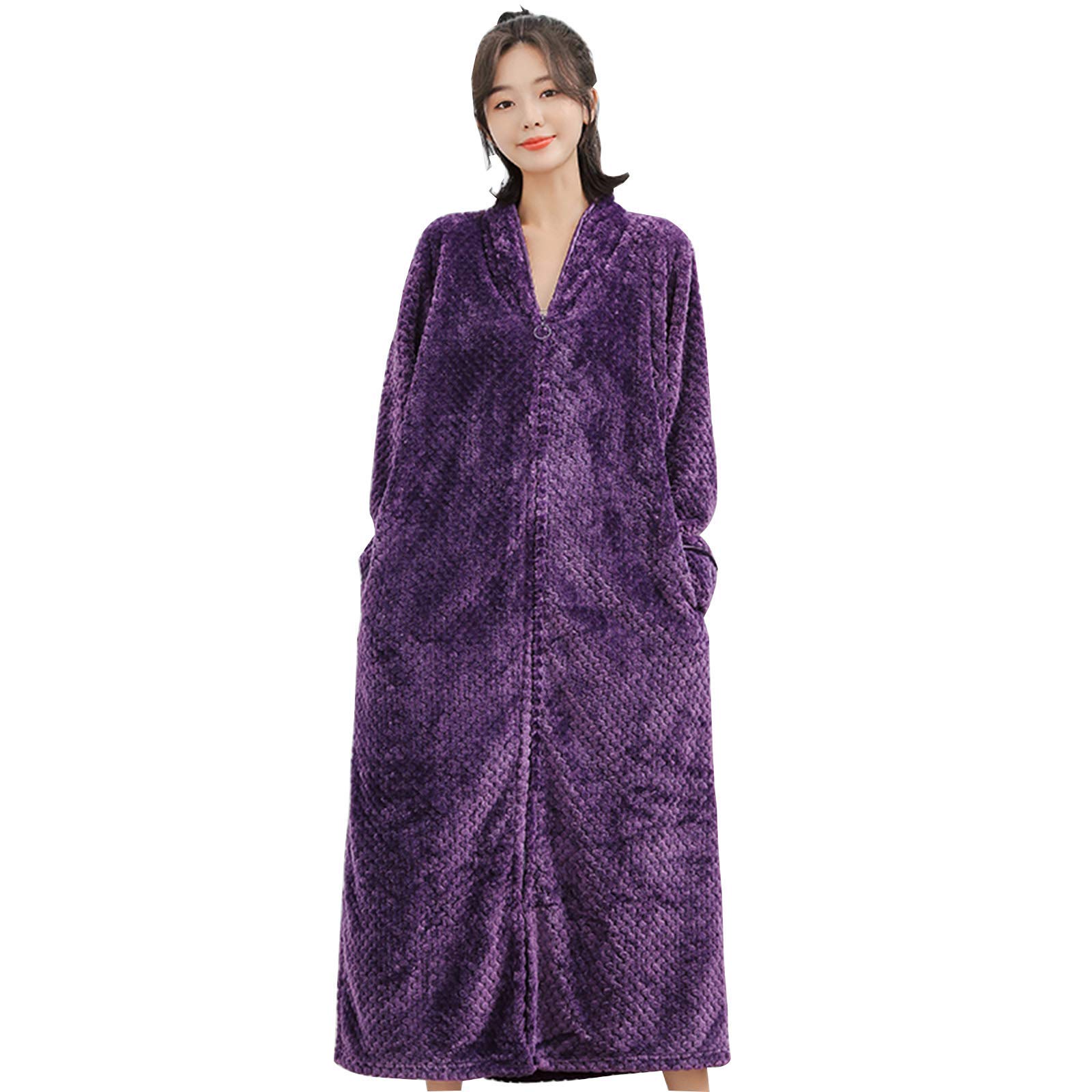 Winter Couple Bathrobe Flannel Plus Size Keep Warm Zipper Robe with Pockets Women Men Dressing Gown for Home