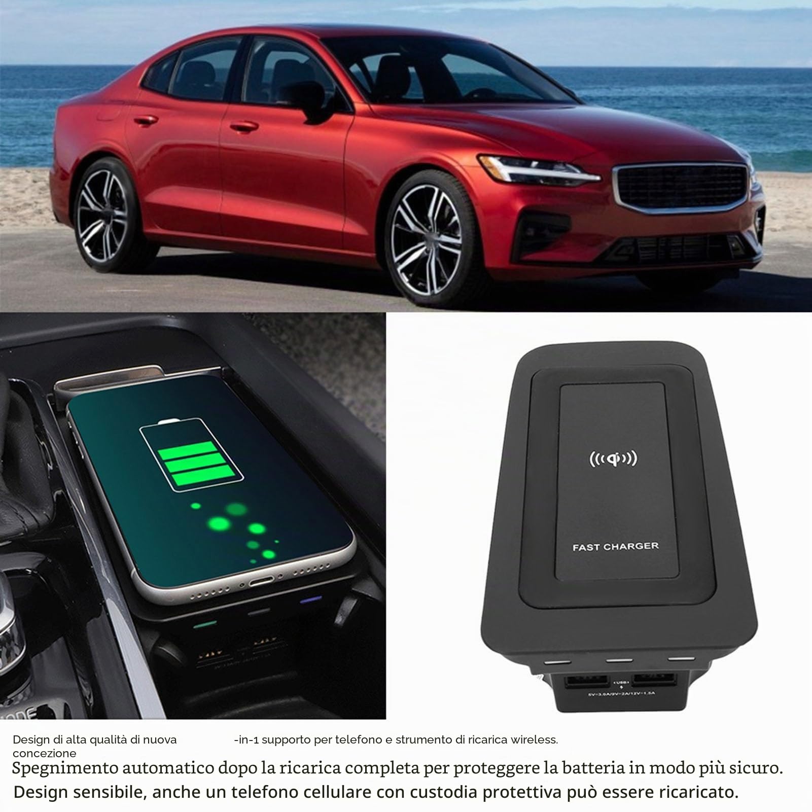 Caricatore senza fili-Caricatore Induttivo per Piastra di Ricarica per Caricabatterie per Auto Qi 1.2 15 W WPC Adatto per S60 / V60 / XC60 / S90 / V90 / XC90