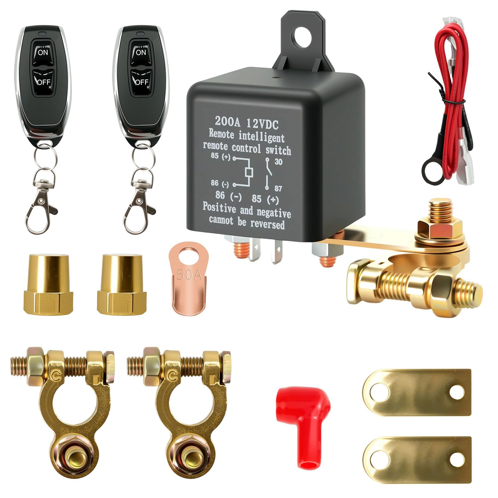 Interruttore di batteria da 12 V con telecomando, interruttore di batteria 12 V 200 A con 2 pali in ottone, 2 terminali di batteria, 2 telecomandi per moto, auto, roulotte abitacola, barca, yacht