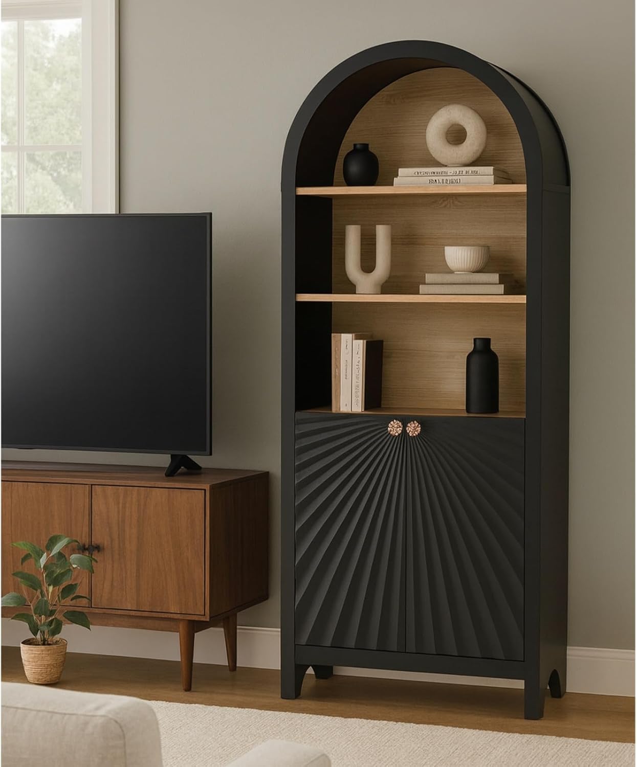 61" Tall Arched Cabinets,Bookcase with Storage,Mid-Century Modern 5-Tier Bookshelf with Door,Black