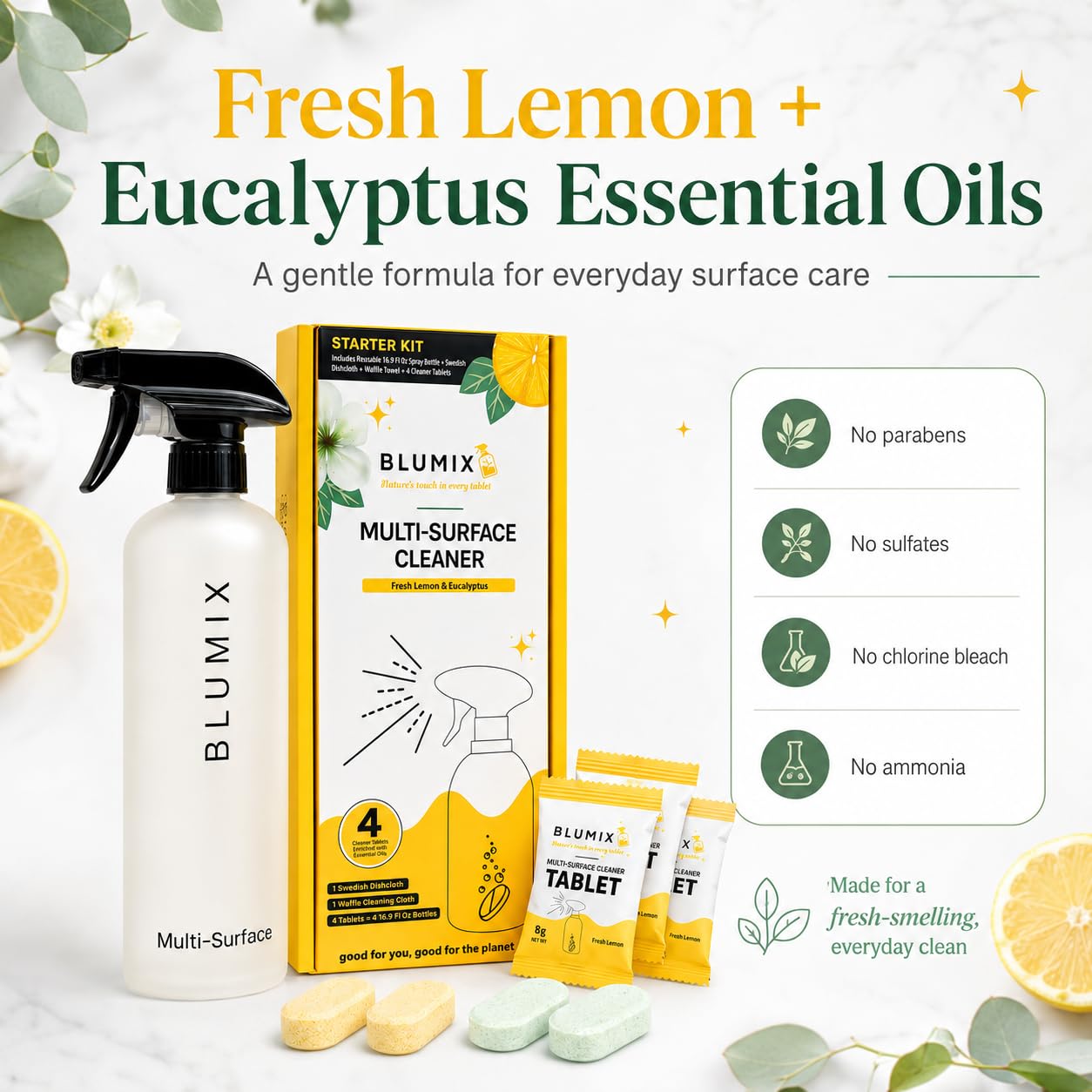 Kit de limpieza multisuperficie: incluye 4 tabletas limpiadoras, botella de spray de 16.9 onzas, paño de cocina sueco y paño de tejido de gofre, solución de limpieza multiusos, aceites