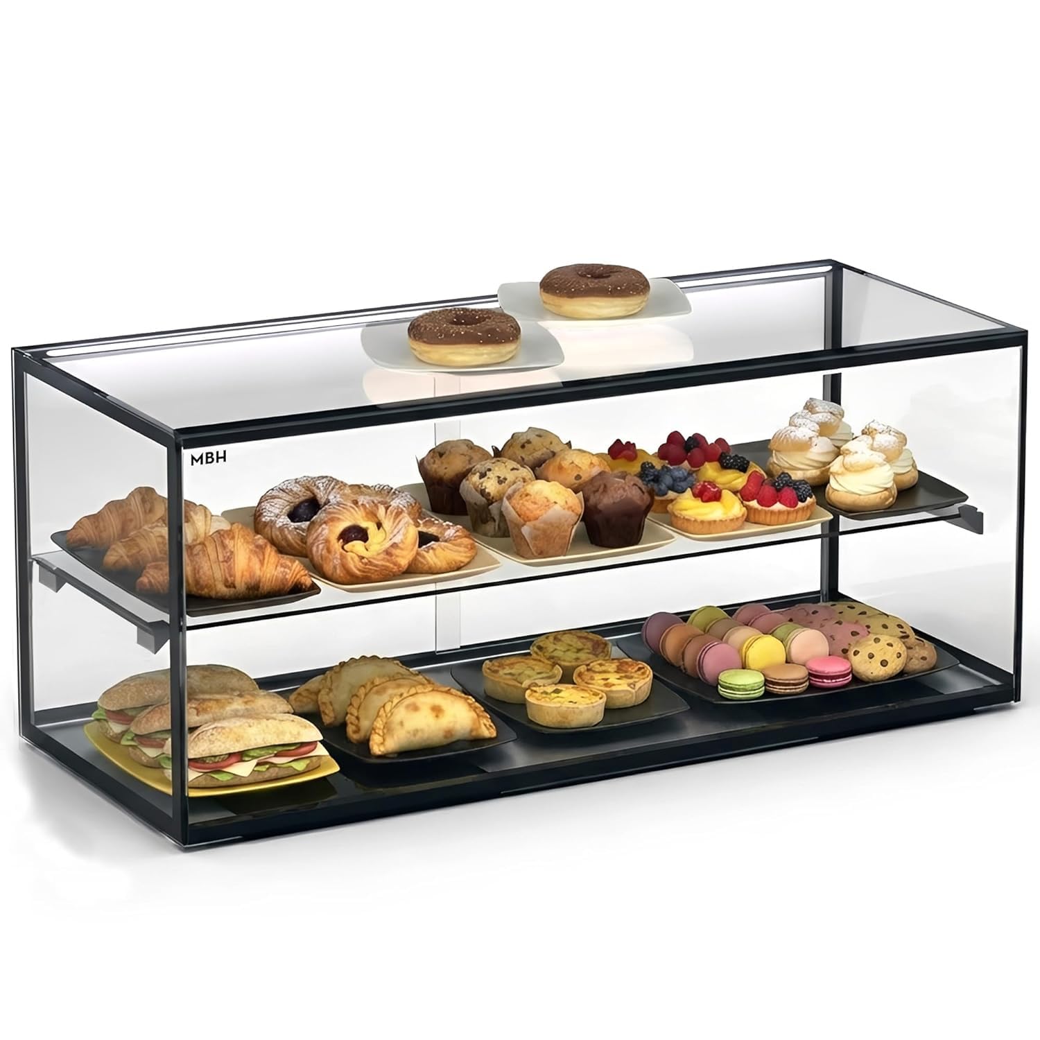 MBH - Vitrine neutre de comptoir 92x39 cm, vitrage droit trempé, 2 niveaux, avec éclairage LED, portes arrière coulissantes, pour bar, café, restaurant, viennoiseries et pâtisserie.