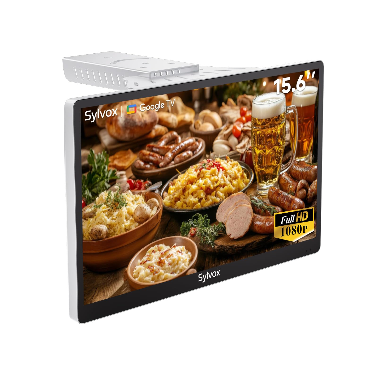 SYLVOX Televisor de Cocina, Mini Smart TV de 15.6 Pulgadas, 1080P Full HD Bajo Armario con Google TV y Sintonizador DVB-C/T2/S2, Televisor Compacto de 12V para Cocina, Habitación Infantil y Lavandería