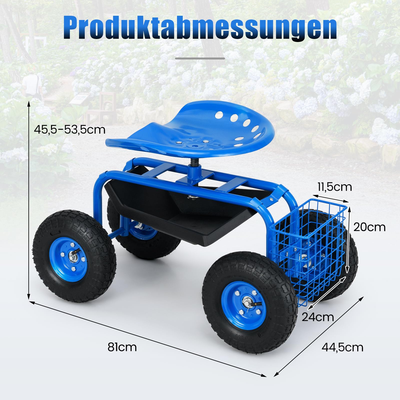 RELAX4LIFE Rollsitz mit Ablage & Korb, Gartensitz mit 4 Rädern, Gartenrollsitz 360 ° Drehbar & Höhenverstellbar 46-53cm, Fahrbarer Arbeitssitz, bis 150kg Belastbar, für Gartenarbeit Autopflege (Blau)