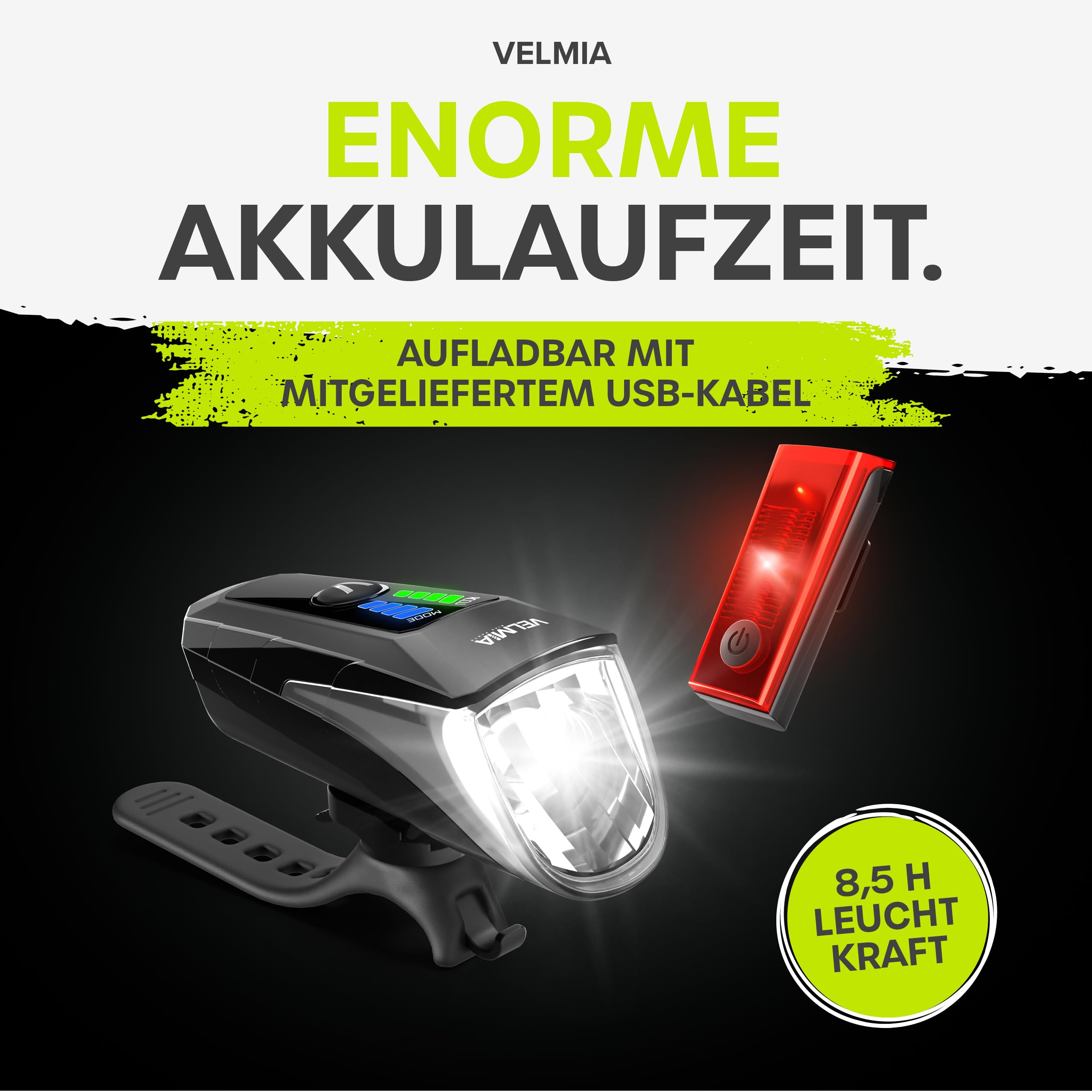 VELMIA Luces Bicicleta Delantera y Trasera - Luz Bicicleta Delantera y Trasera con Modos Automáticos, Intensidad de Luz Regulable y Montaje sin Herramientas - Resistente al Agua IPX4 & Recargable USB
