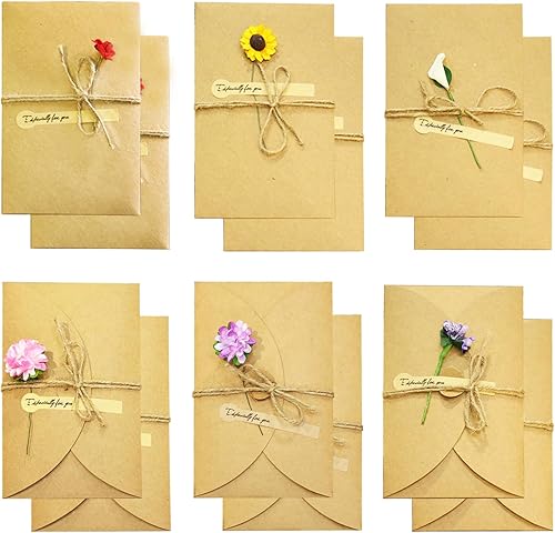 12 tarjetas de felicitación de flores secas con tarjetas de regalo hechas a mano en blanco, sobres de papel kraft retro marrón, tarjeta de notas,