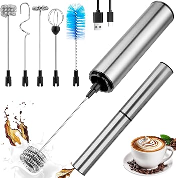 Milk Frother Wand for Coffee, Coffee Foamer Drink Mixer,Handheld Frother Rechargeable Electric Whisk with 5 Heads 2 Speeds for Latte, Cappuccino, Hot Chocolate, EggHome and Travel Set Silvery