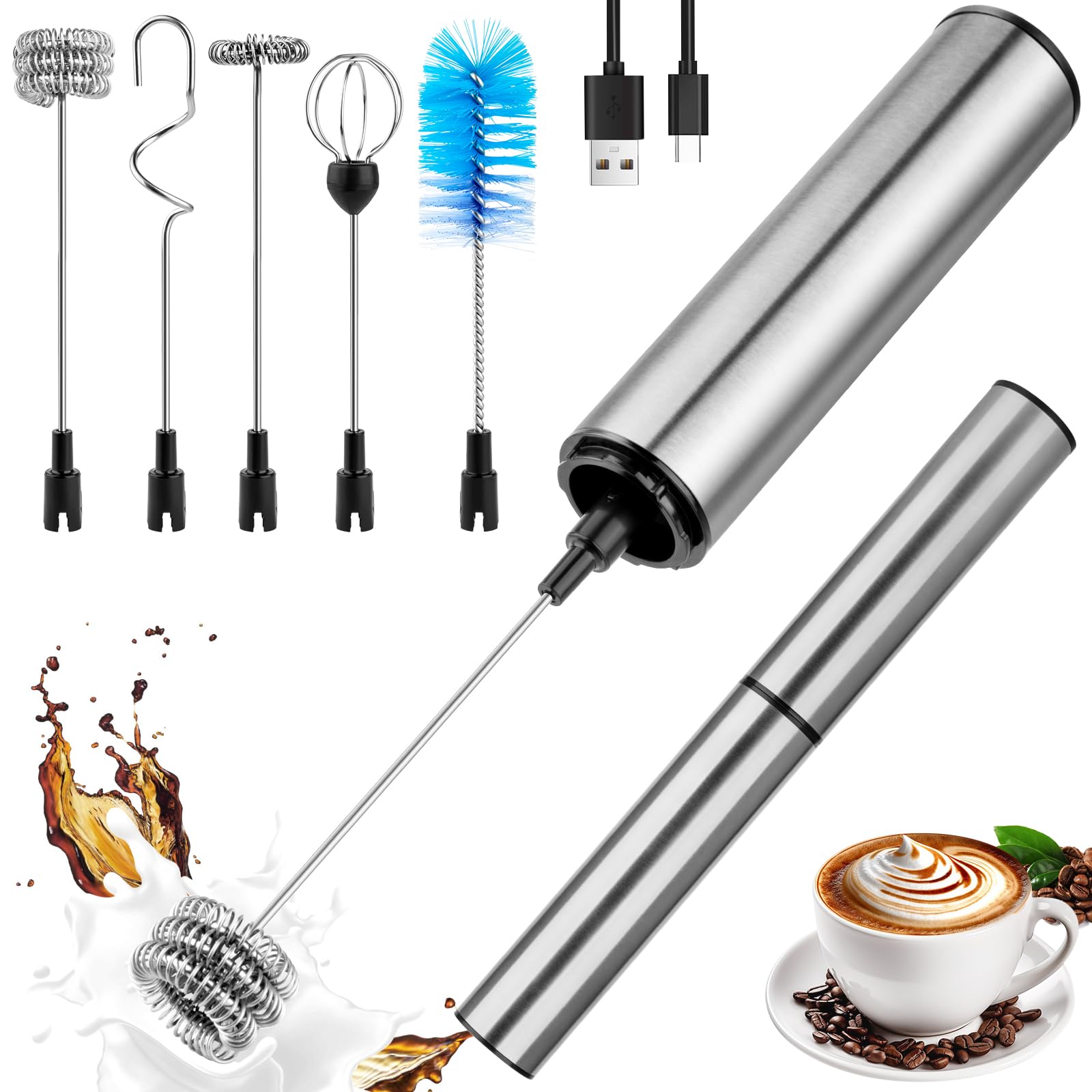 Milk Frother Wand for Coffee, Coffee Foamer Drink Mixer,Handheld Frother Rechargeable Electric Whisk with 5 Heads 2 Speeds for Latte, Cappuccino, Hot Chocolate, Egg(Home and Travel Set Silvery)