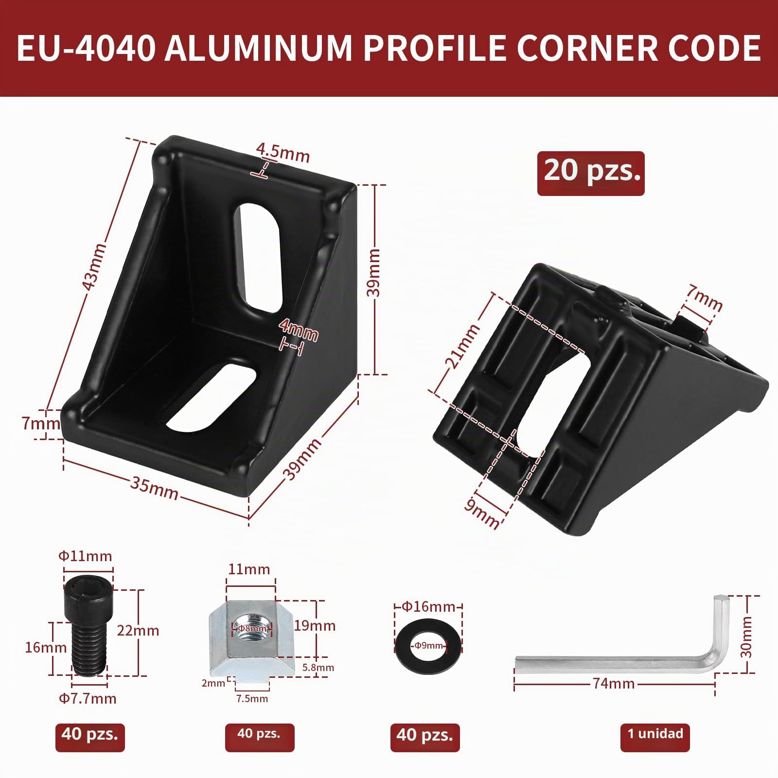 20pcs Conectores angulares de aluminio, ángulo de 40 x 40, Soporte de pared de ángulo de 90 grados, Perfil de aluminio 4040, Ranura 8 para perfil de puntales, Impresora 3D