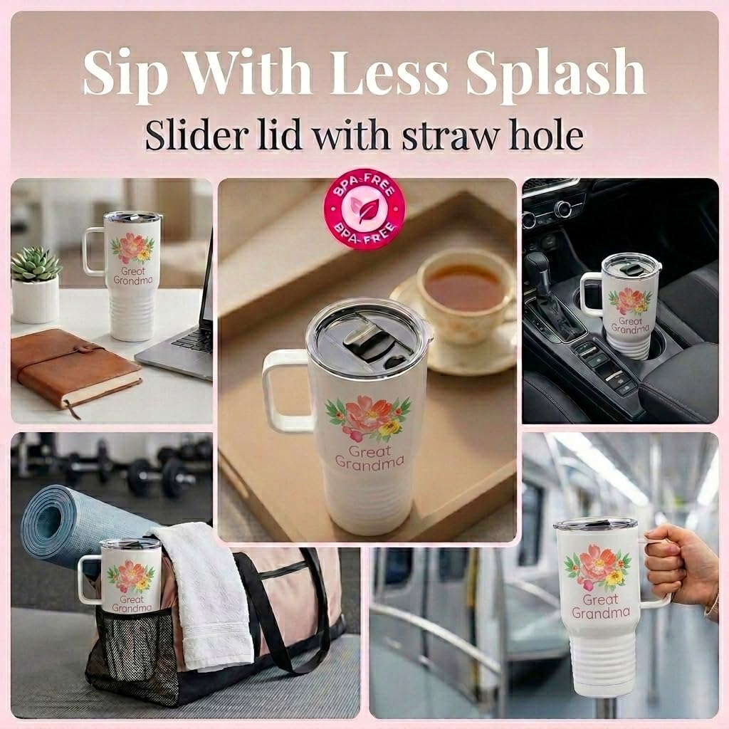 Just So Posh Great Grandma Flowers Tumbler, 20 oz Travel Coffee Mug with Handle & Straw Lid, Stainless Steel Insulated Coffee Tumbler, Gift for Grandmother image 5