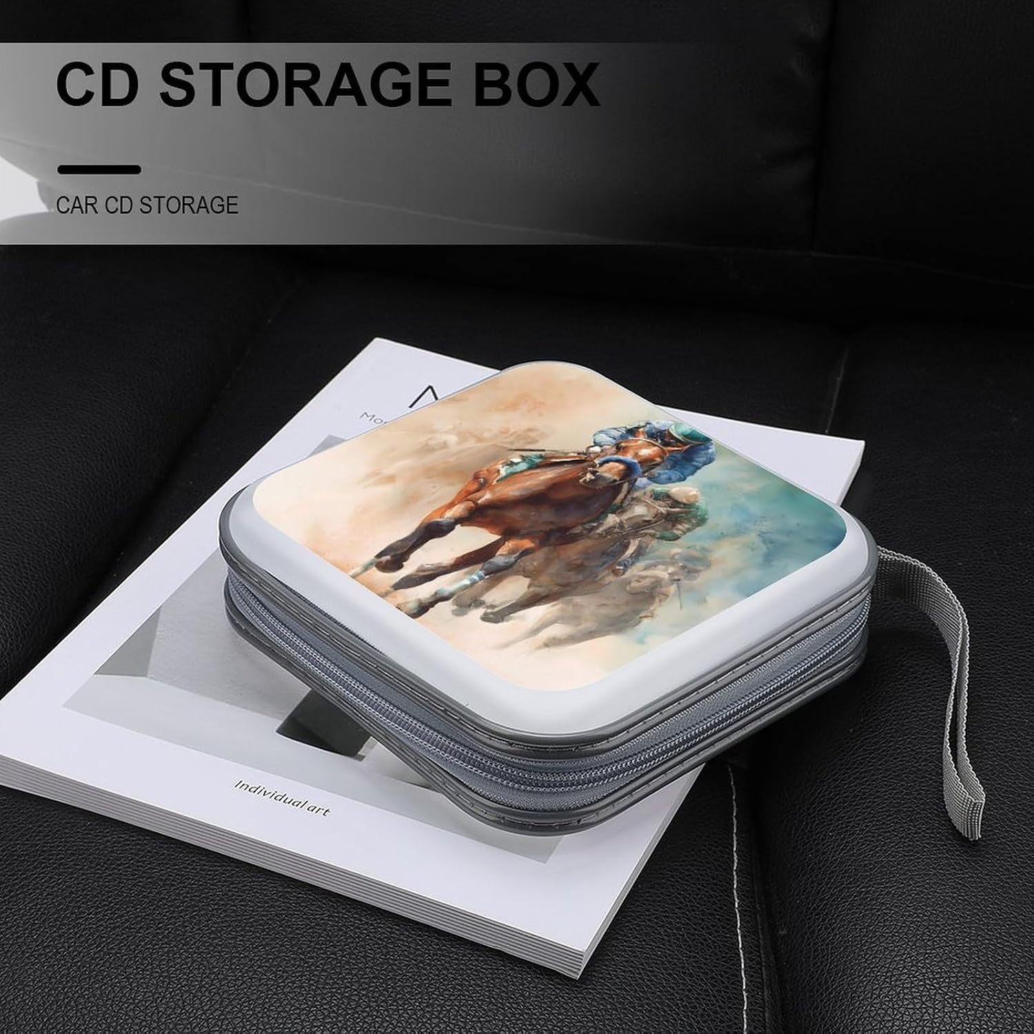 Watercolor Horse Racing CD Case DVD Storage Holder Binder 40 Capacity | protective,hard case,protable loop,travel car use,zippered closure