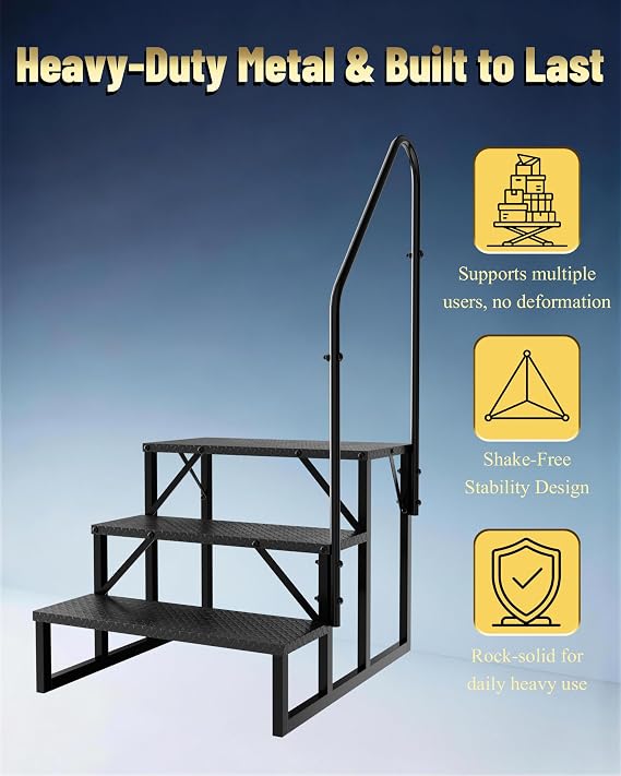 Step Ladder RV Stairs with Handrails, Heavy Duty Carbon Steel Non-Slip Steps, 660 LBS Capacity for Camper, Trailer, Hot Tub, Mobile Home, Porch (3 Step)