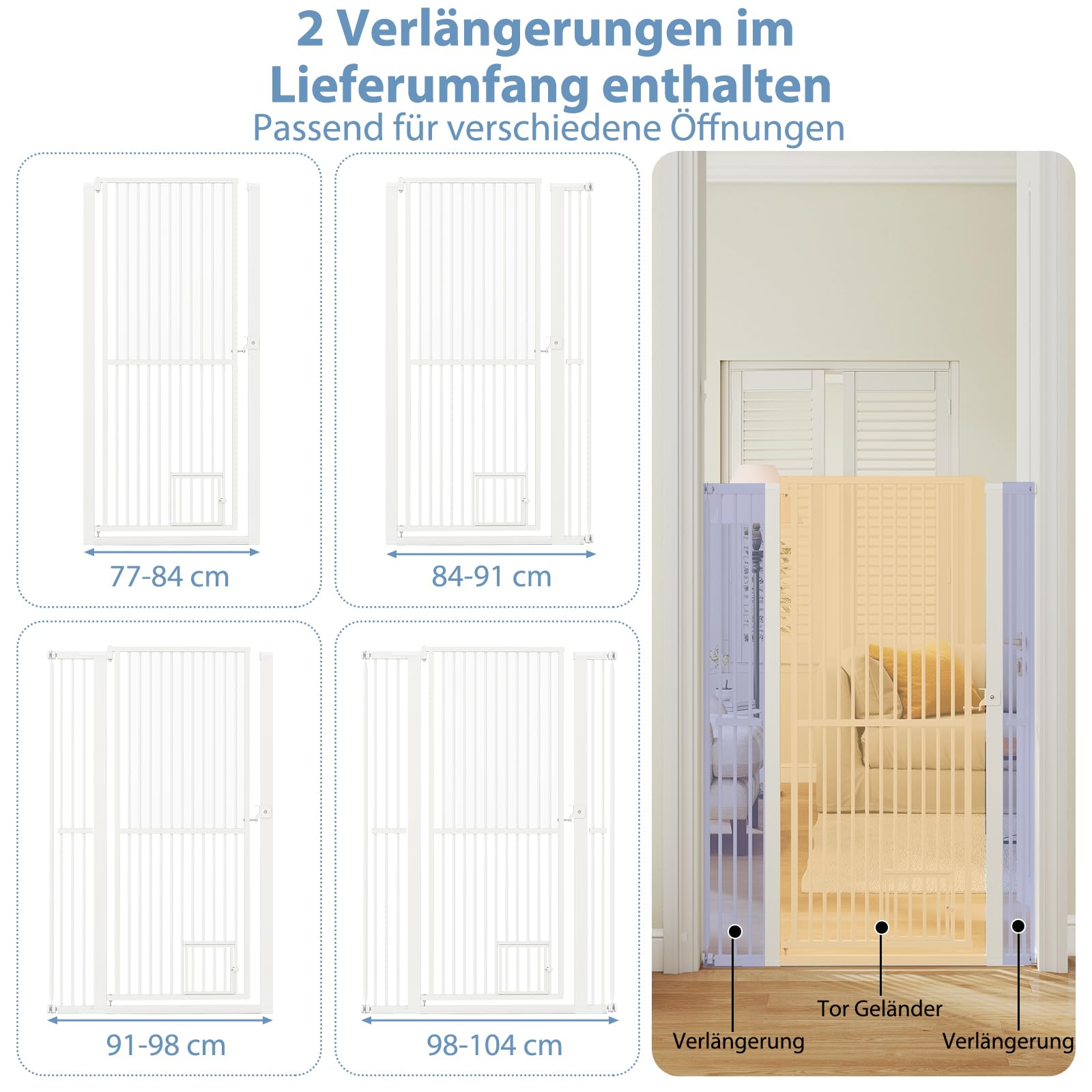 COSTWAY Türschutzgitter Hunde, Absperrgitter ganz hoch, 77-104 cm x 150 cm, Schutzgitter mit Kleiner Tür, 2 Erweiterungen, Türgitter ohne Bohren, Hundegitter ausziehbar, Sicherheitsgitter Metall, Weiß